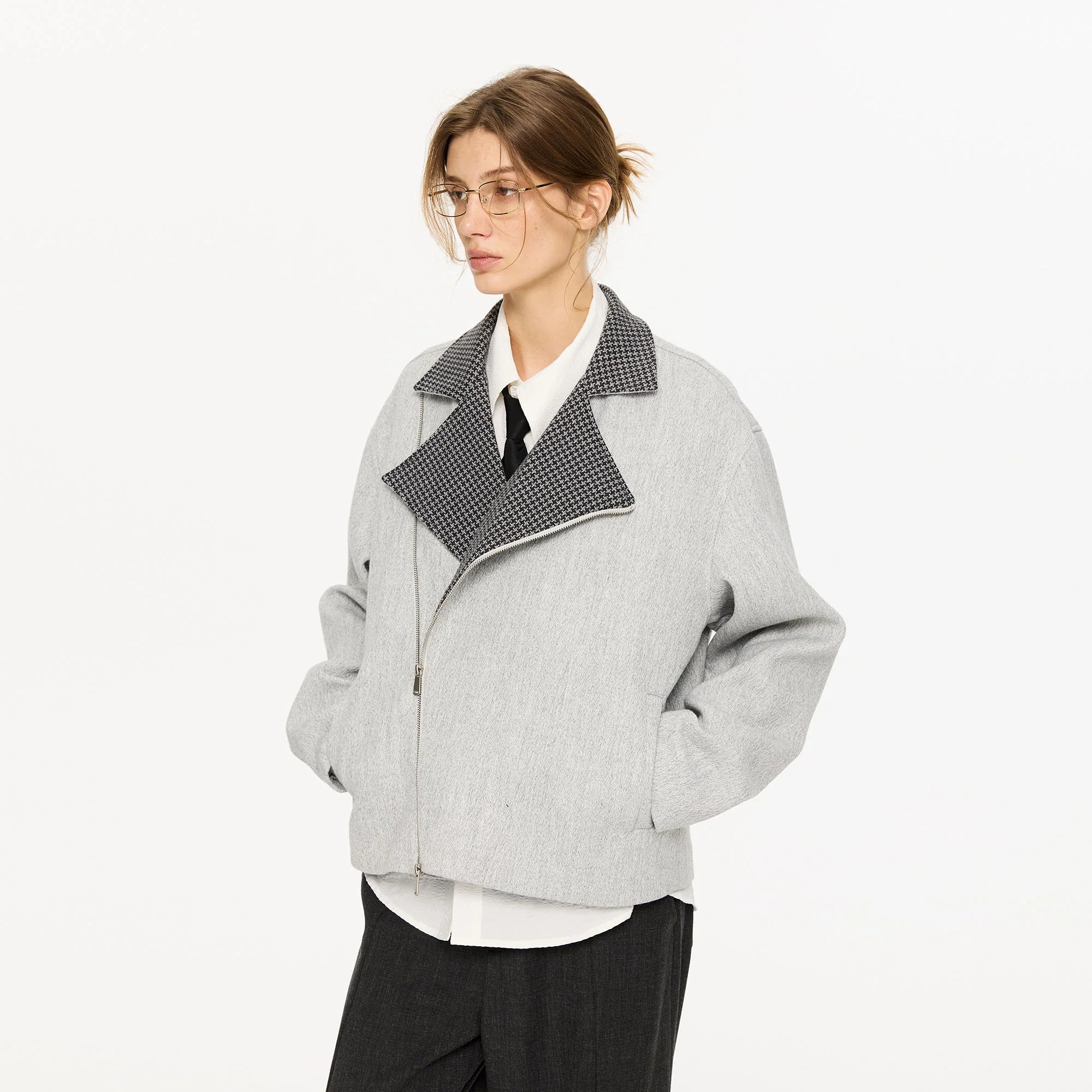 KREATE Houndstooth Wool-Blend Moto Jacket