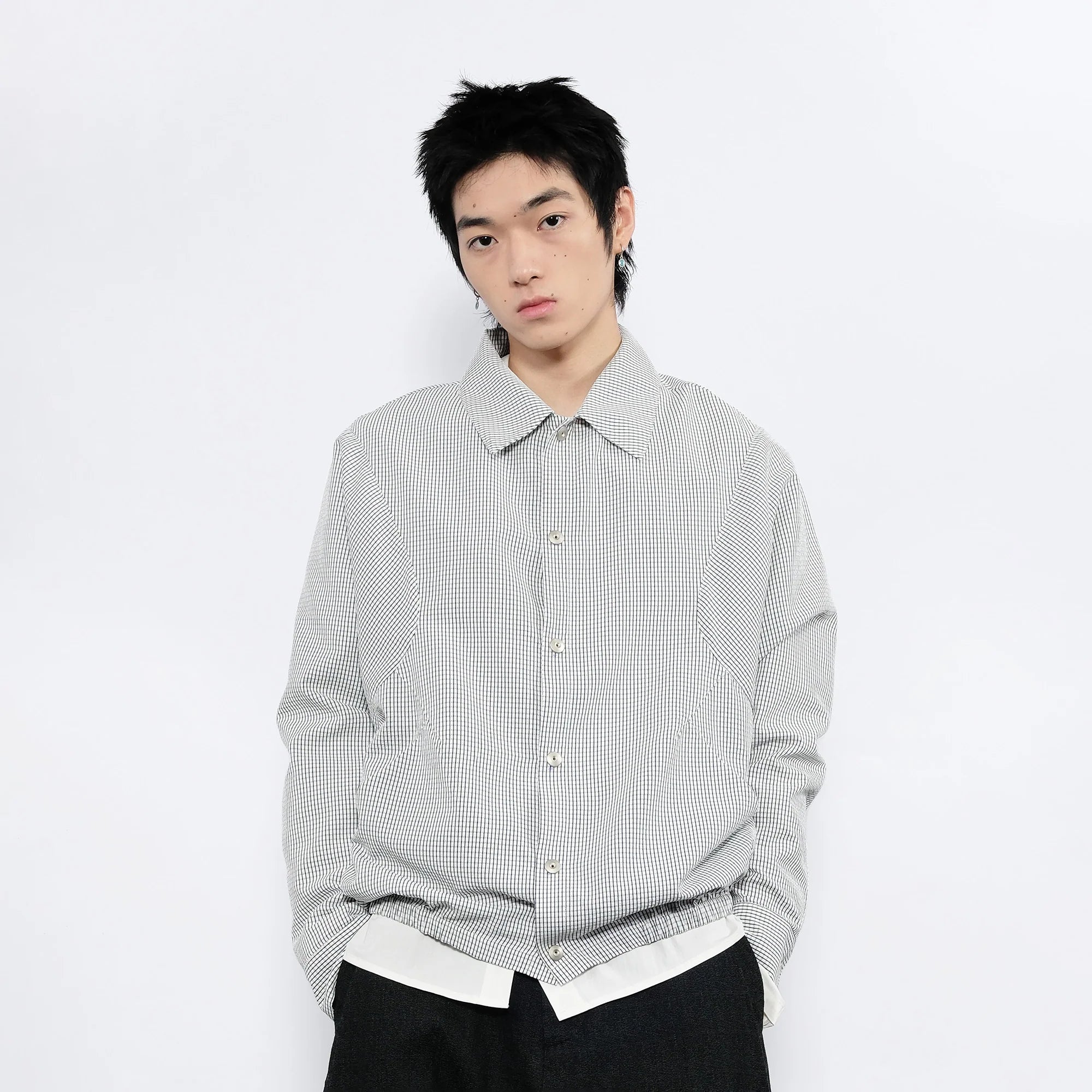7440 37 1 Grid Check Batwing Sleeves Shirt