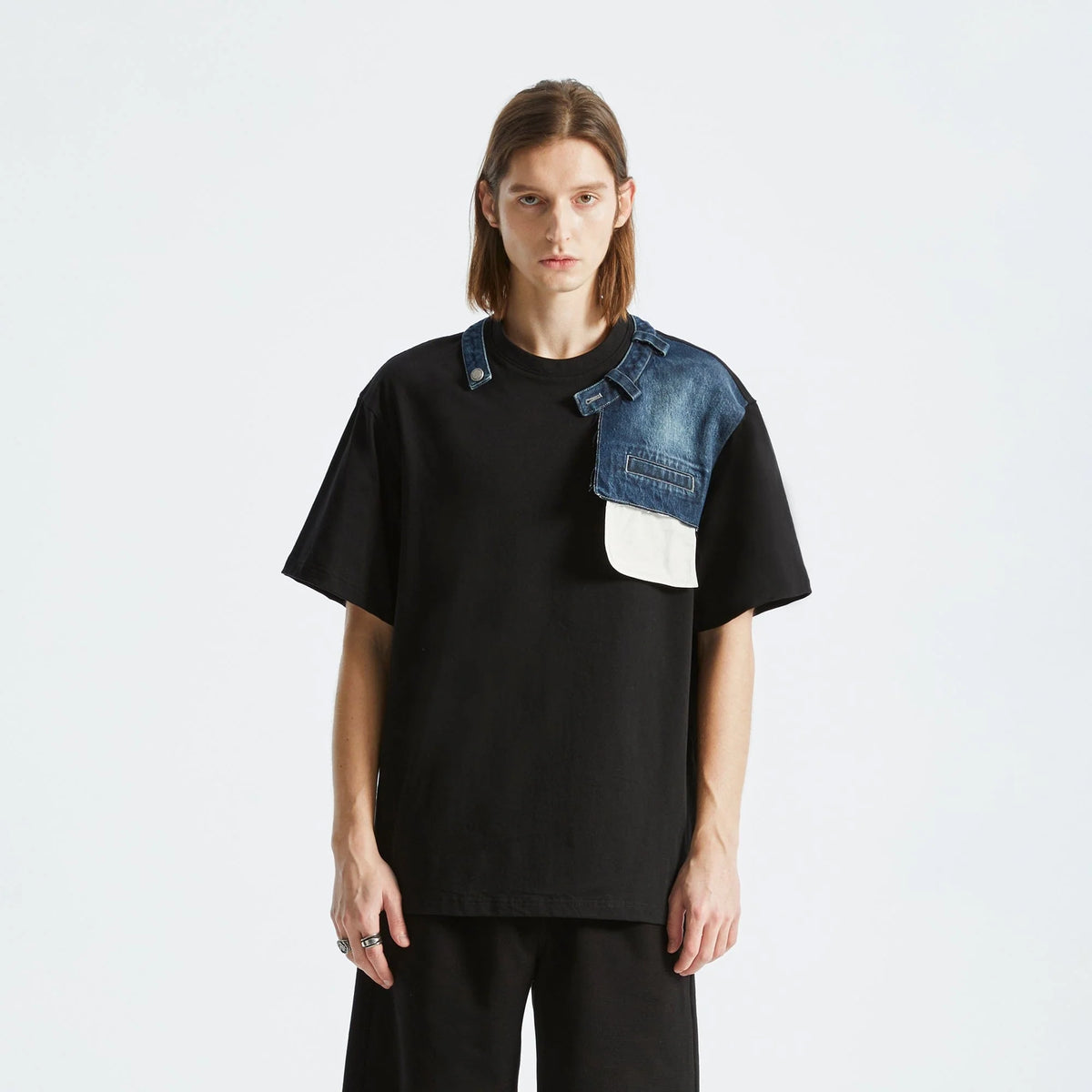 ORGANIC EMOTION Deconstructed Denim Shorts Spliced T-Shirt
