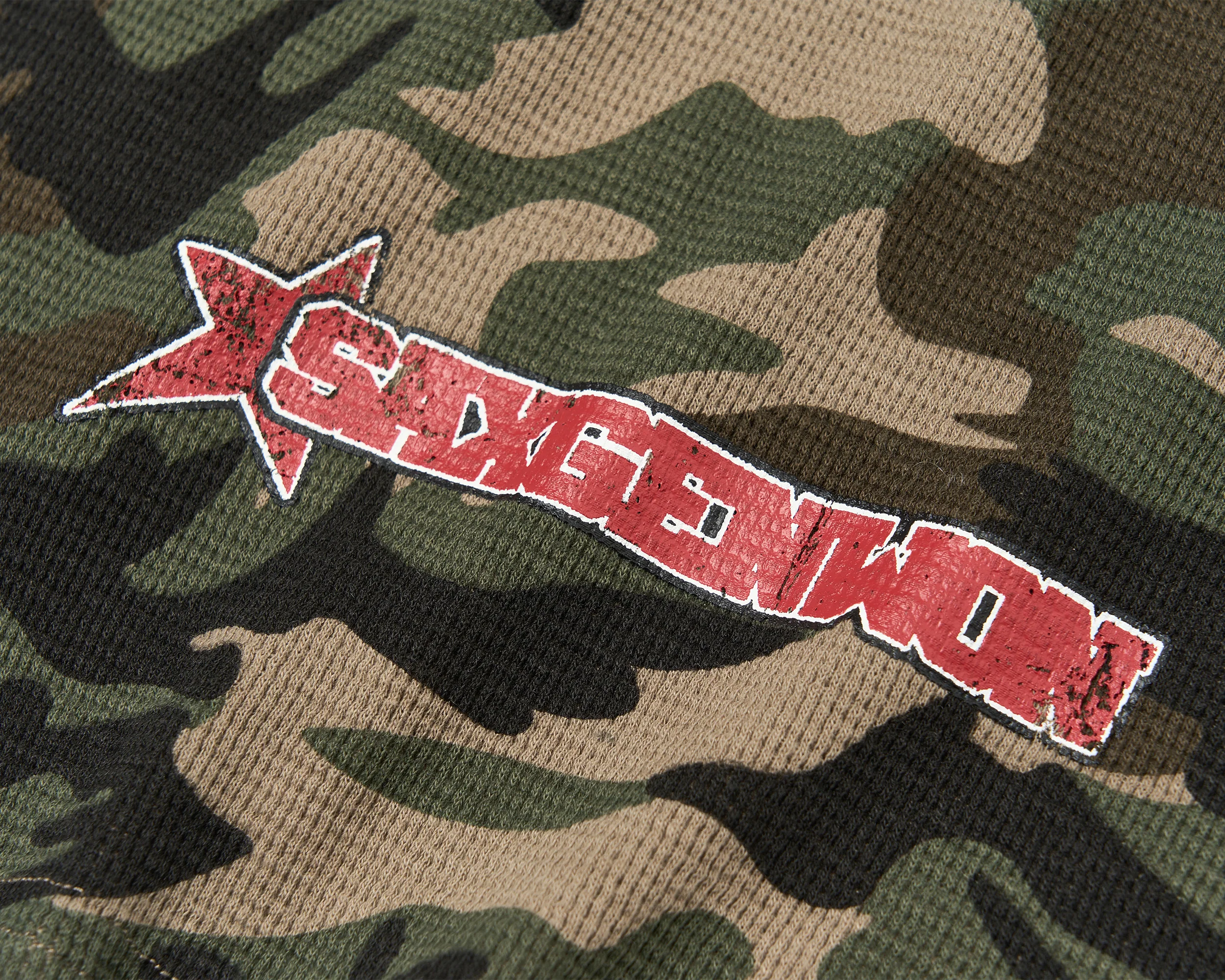 SAVAGEGROWTHWORLD Camo Waffle Knit Graphic Long-Sleeve Tee