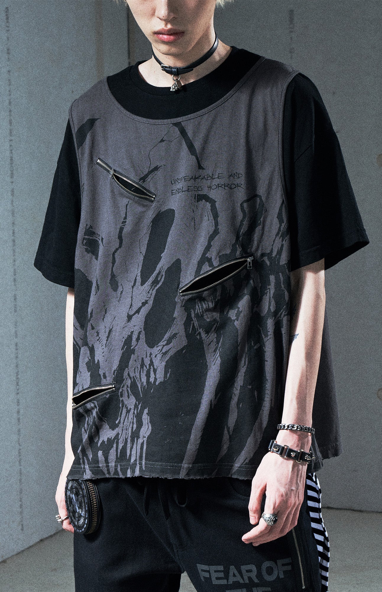 VENTUREK Washed Horror Graphic Layered Multi-Zip Tee