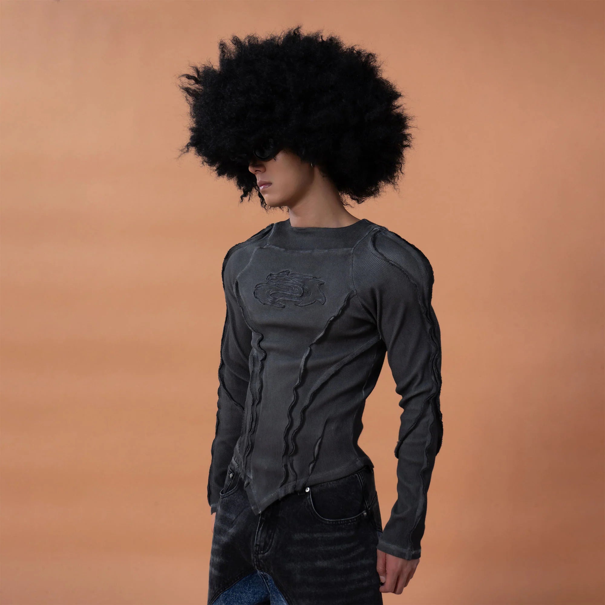 CLP Distressed Raw-Seam Paneled Long-Sleeve Tee