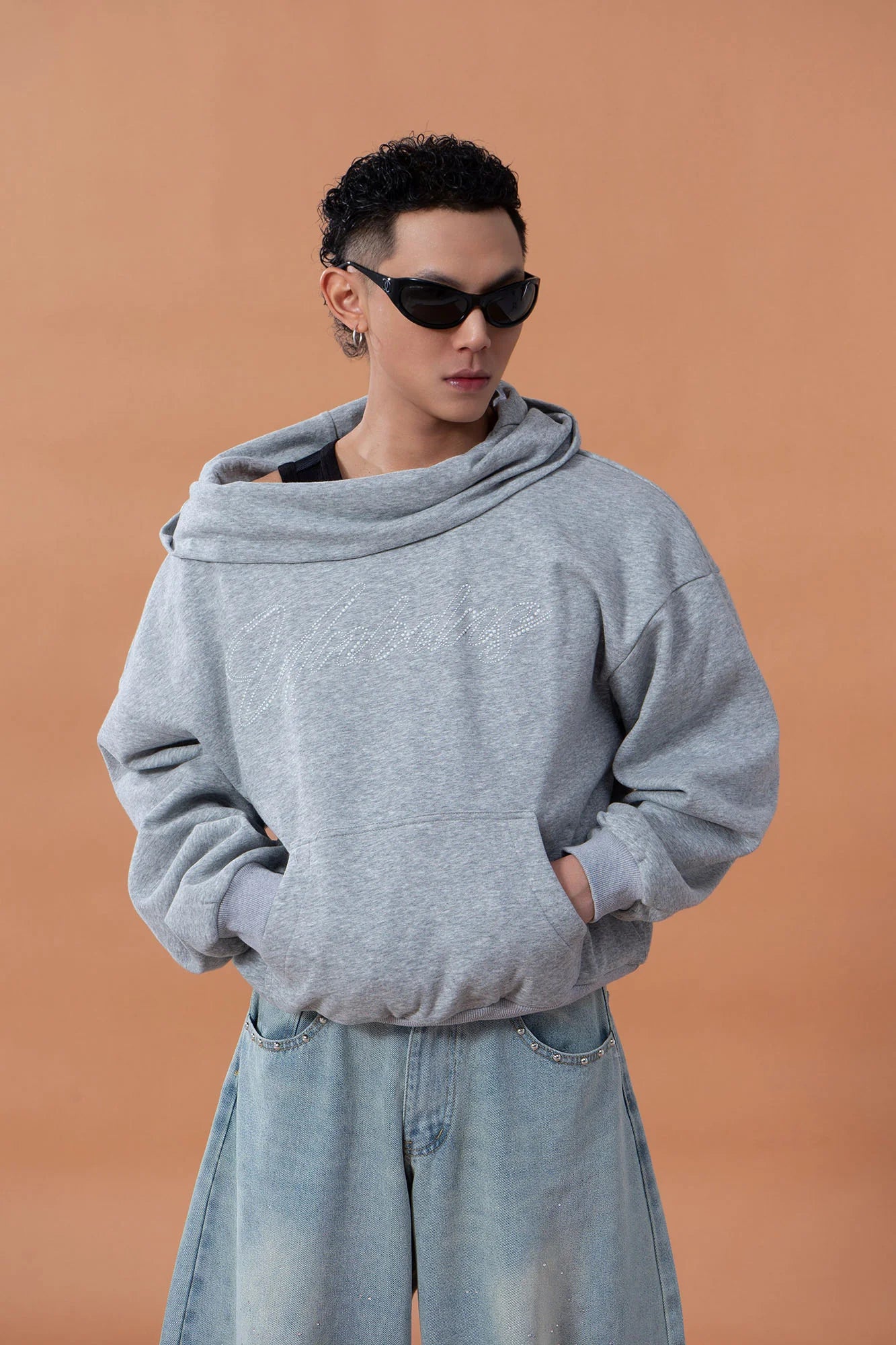 CLP Oversized Cowl-Hood Pearl-Stud Hoodie