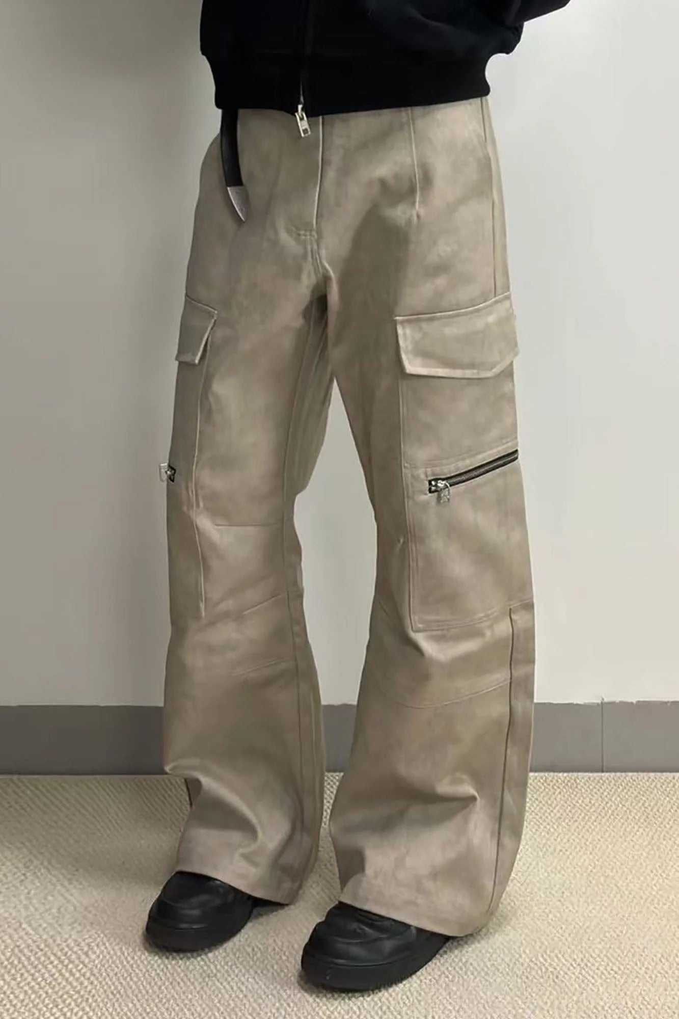 OKAYTHXBYE Muted Marble Multi-Pocket Panel Flared Cargo Pants