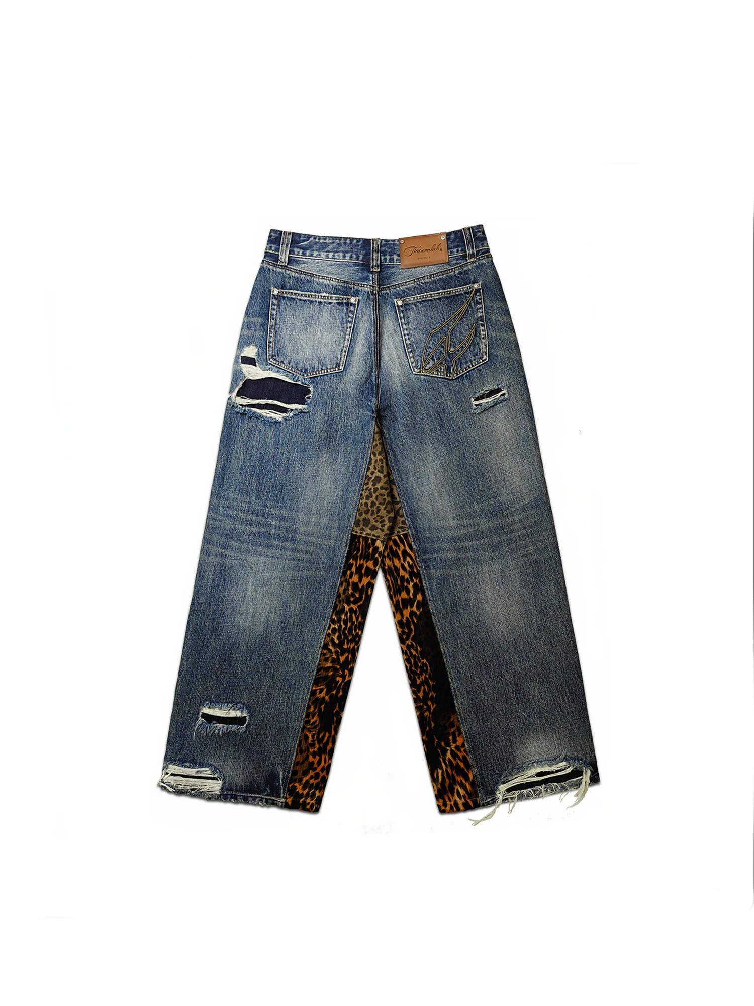 FACEONLAB Distressed Patch Leopard Paneled Jeans