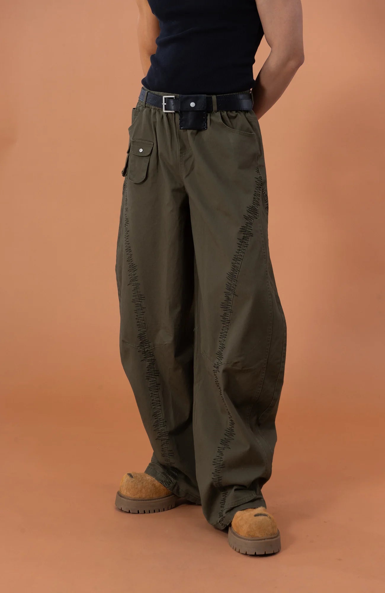 CLP Zigzag Contrast-Stitch Wide-Leg Pants