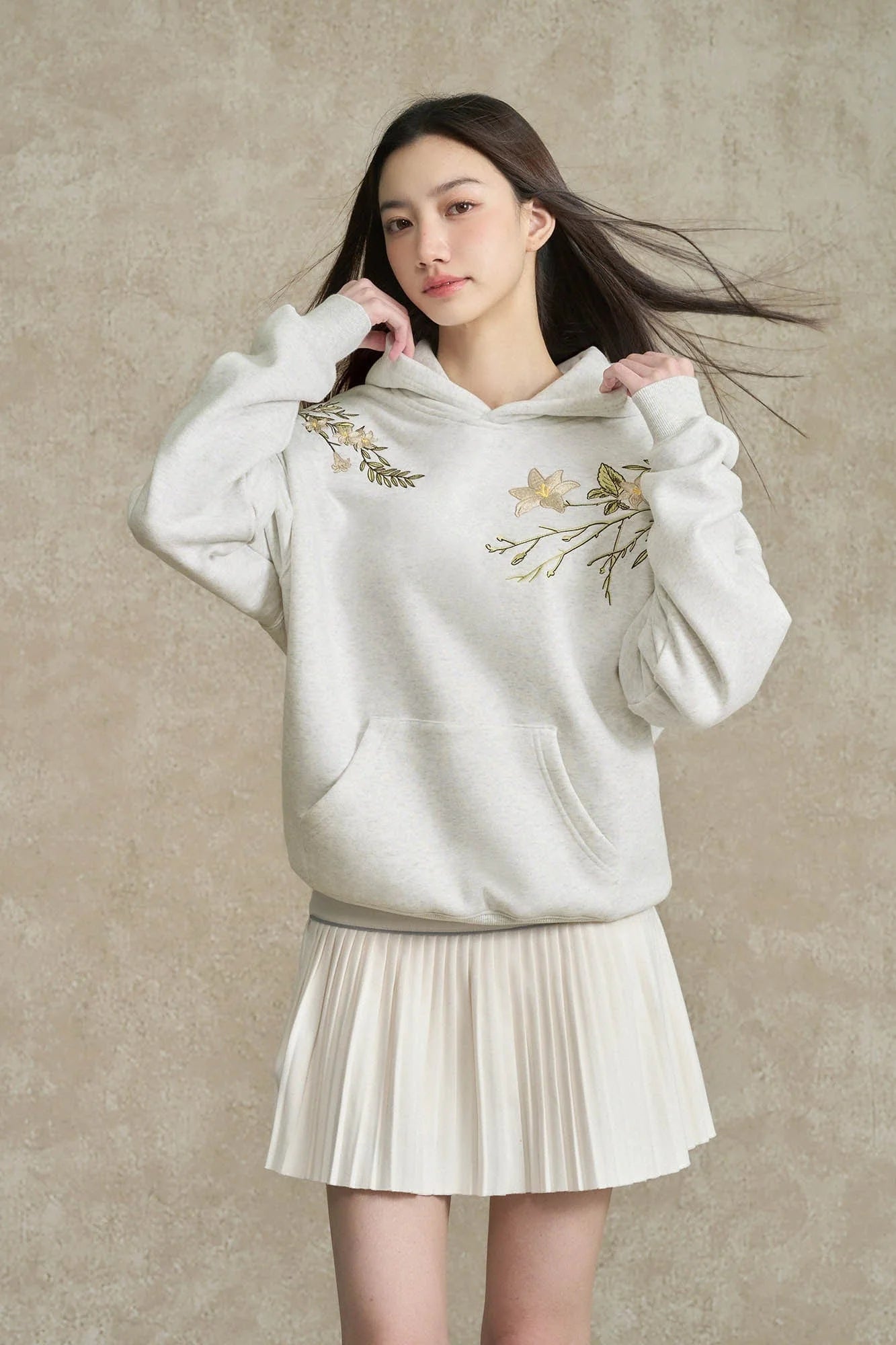 BONELESS Floral Embroidered Fleece-Lined Hoodie