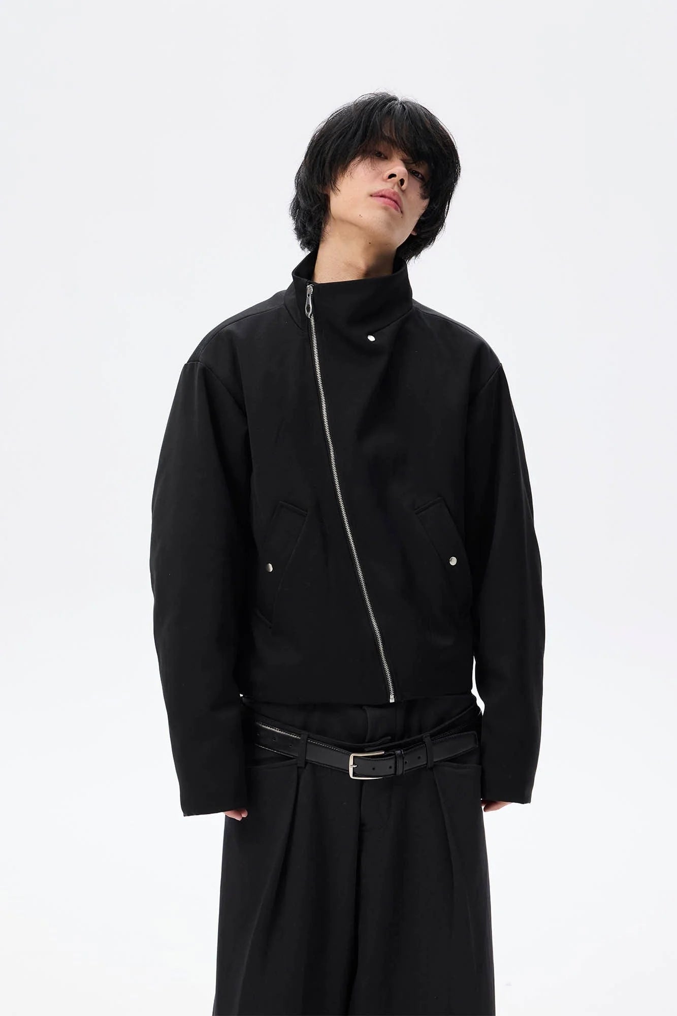 WHISTLEHUNTER Asymmetrical Zipper Detachable Hooded Layered Jacket
