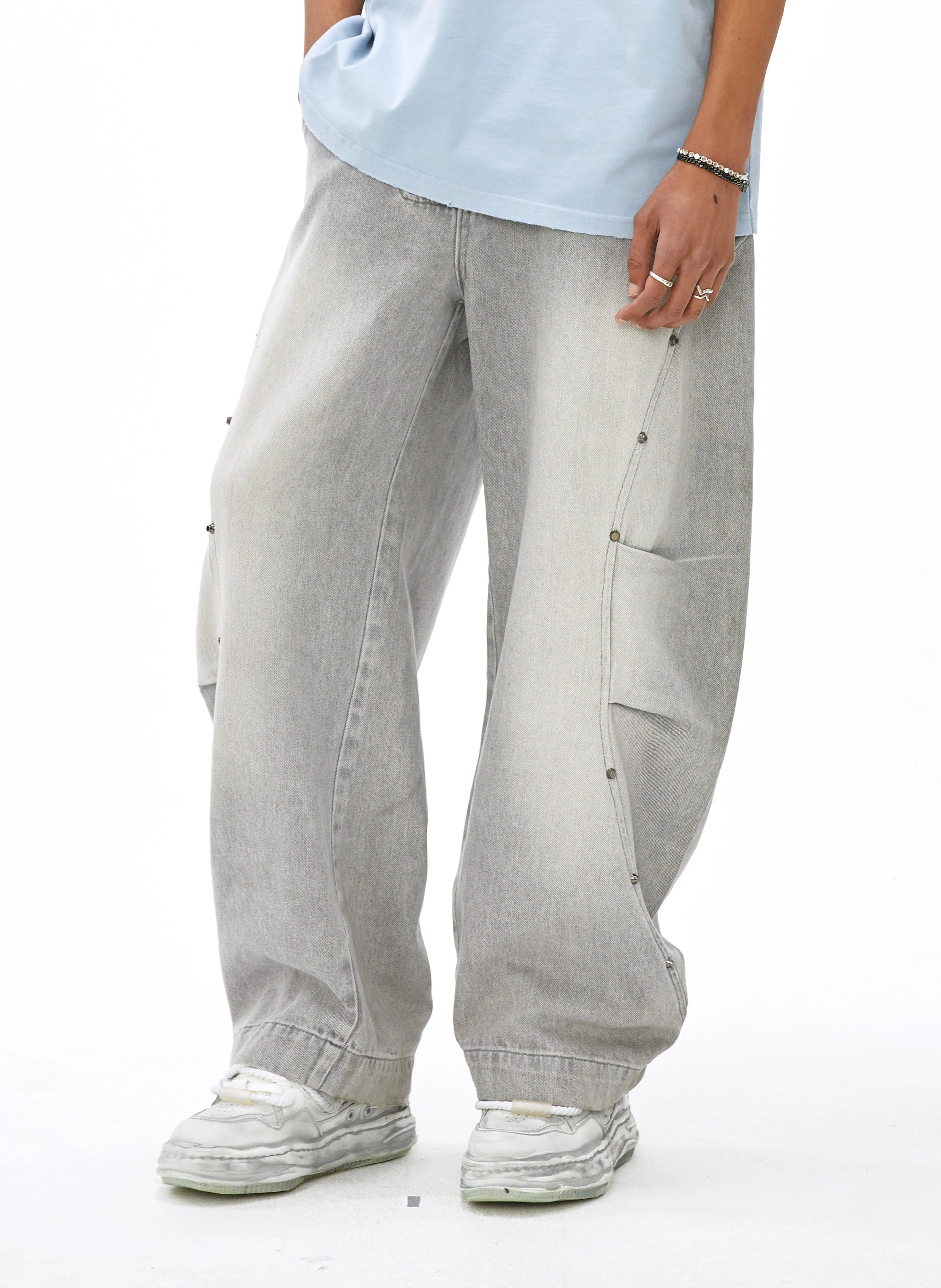 VANN VALRENCE Washed Riveted Curved-Seam Denim Pants