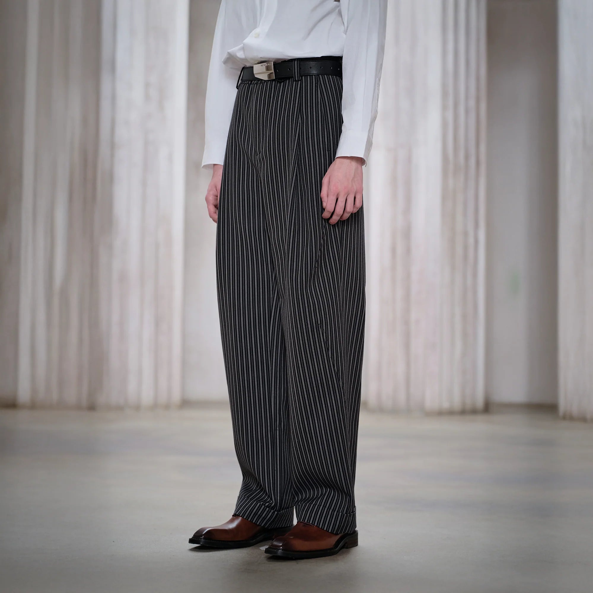 FACEONLAB Classic Striped Wool Pleated Tailored Trousers