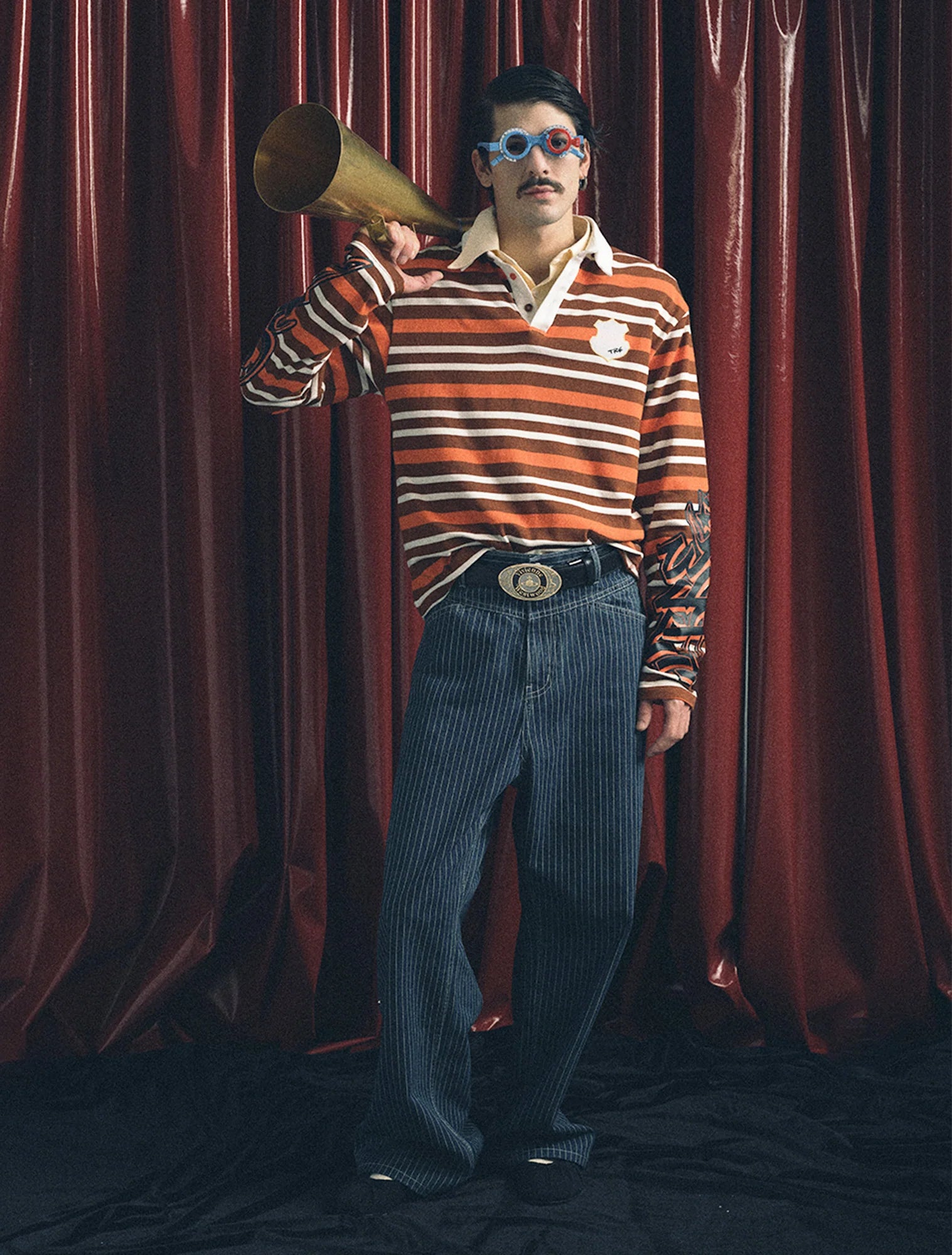 TRECLUB Badge Patch Graphic-Sleeves Striped Long-Sleeve Polo