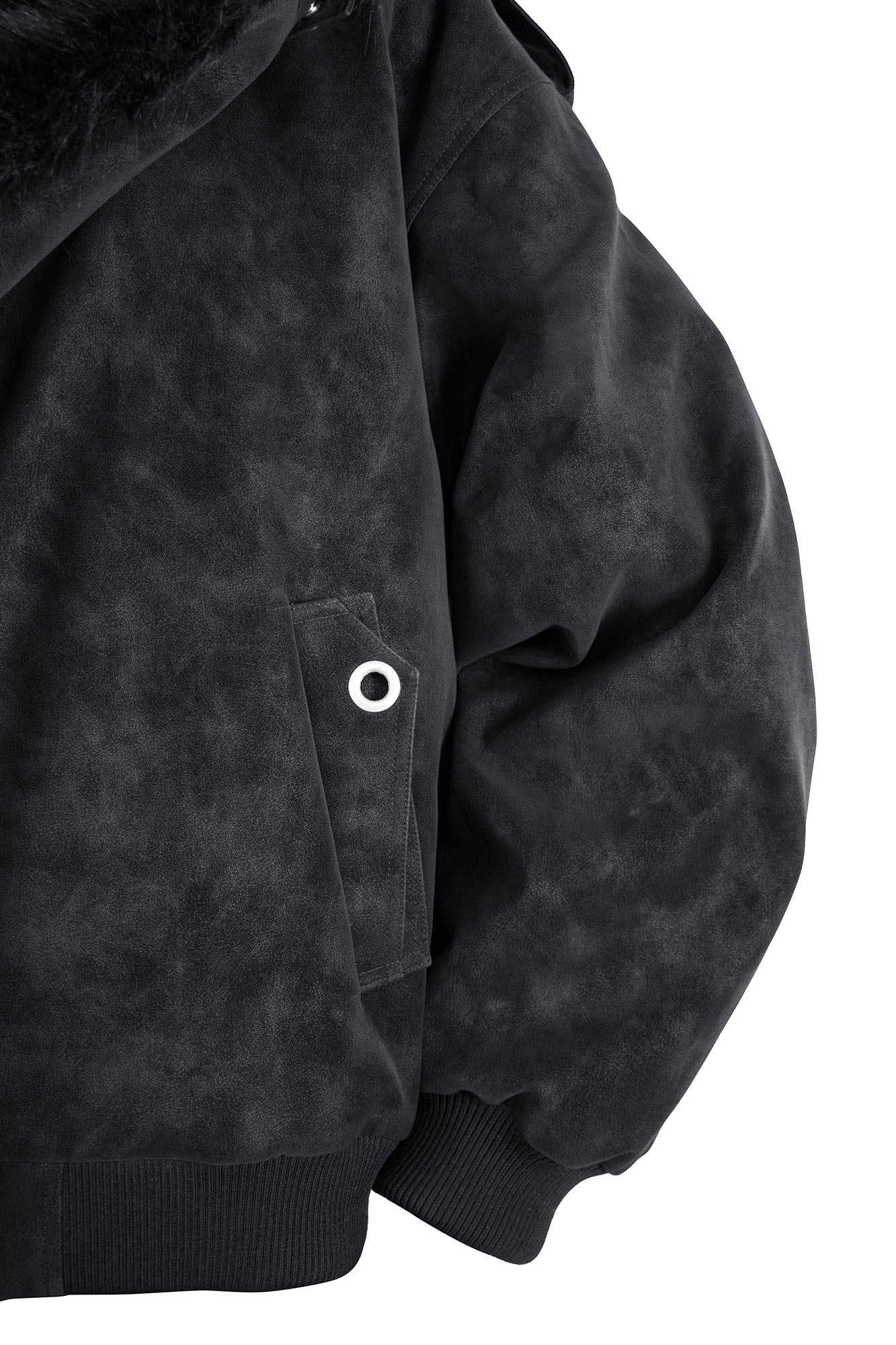 RELABEL Detachable Plush Scarf Hooded Suede Jacket Black