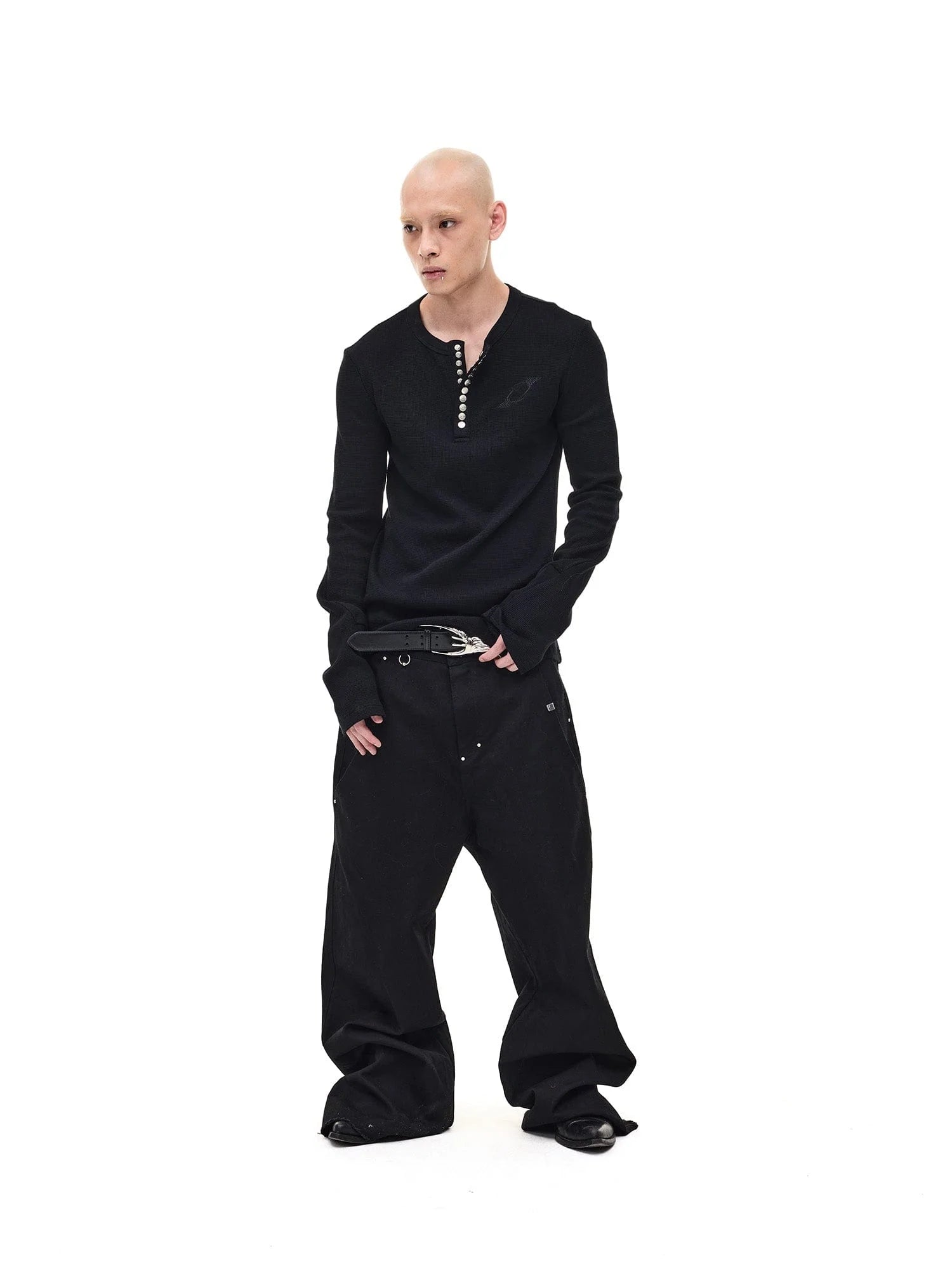 WHISTLEHUNTER Waffle-Knit Snap Henley Long-Sleeve Tee