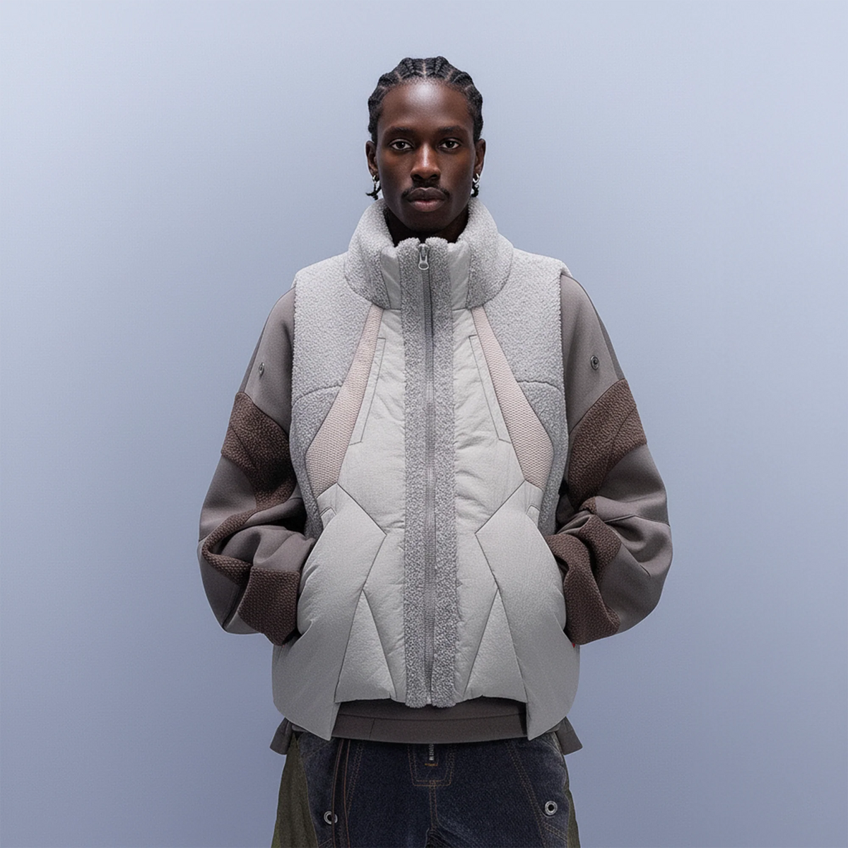 XIPHEVIL High-Neck Fleece-Panel Vest Light Gray