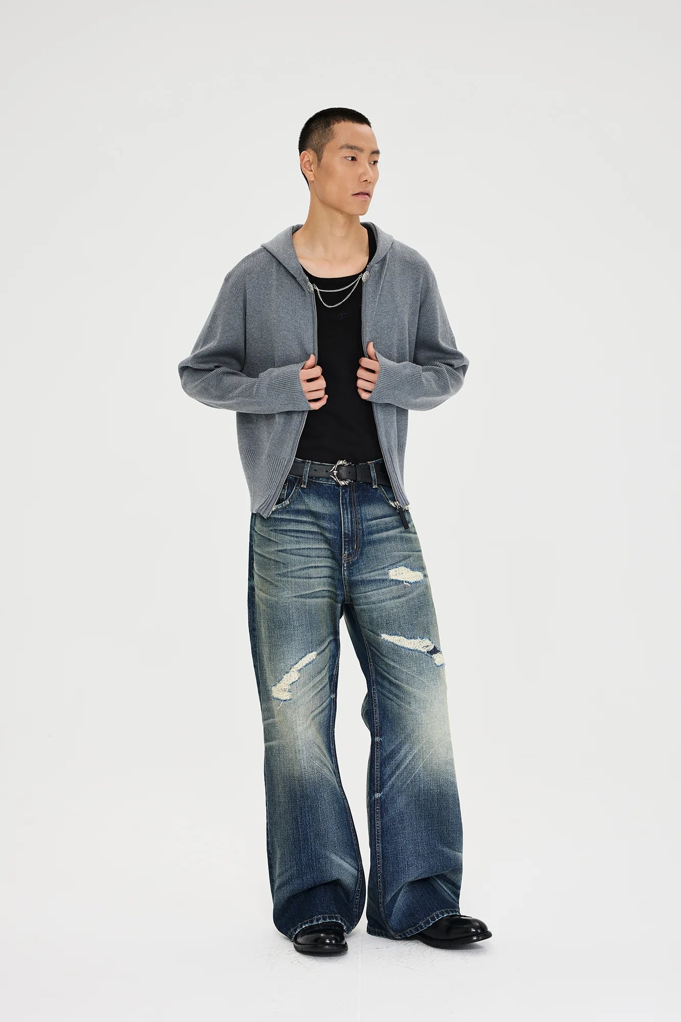 CATSSTAC Distressed Wrinkled Washed Wide-Leg Jeans