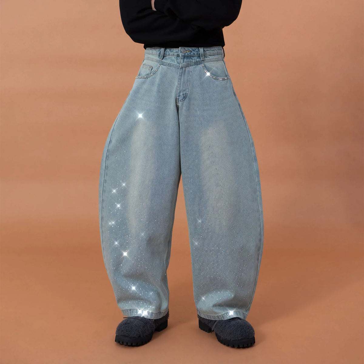 CLP Washed Diamond-Dusted Curved-Leg Jeans