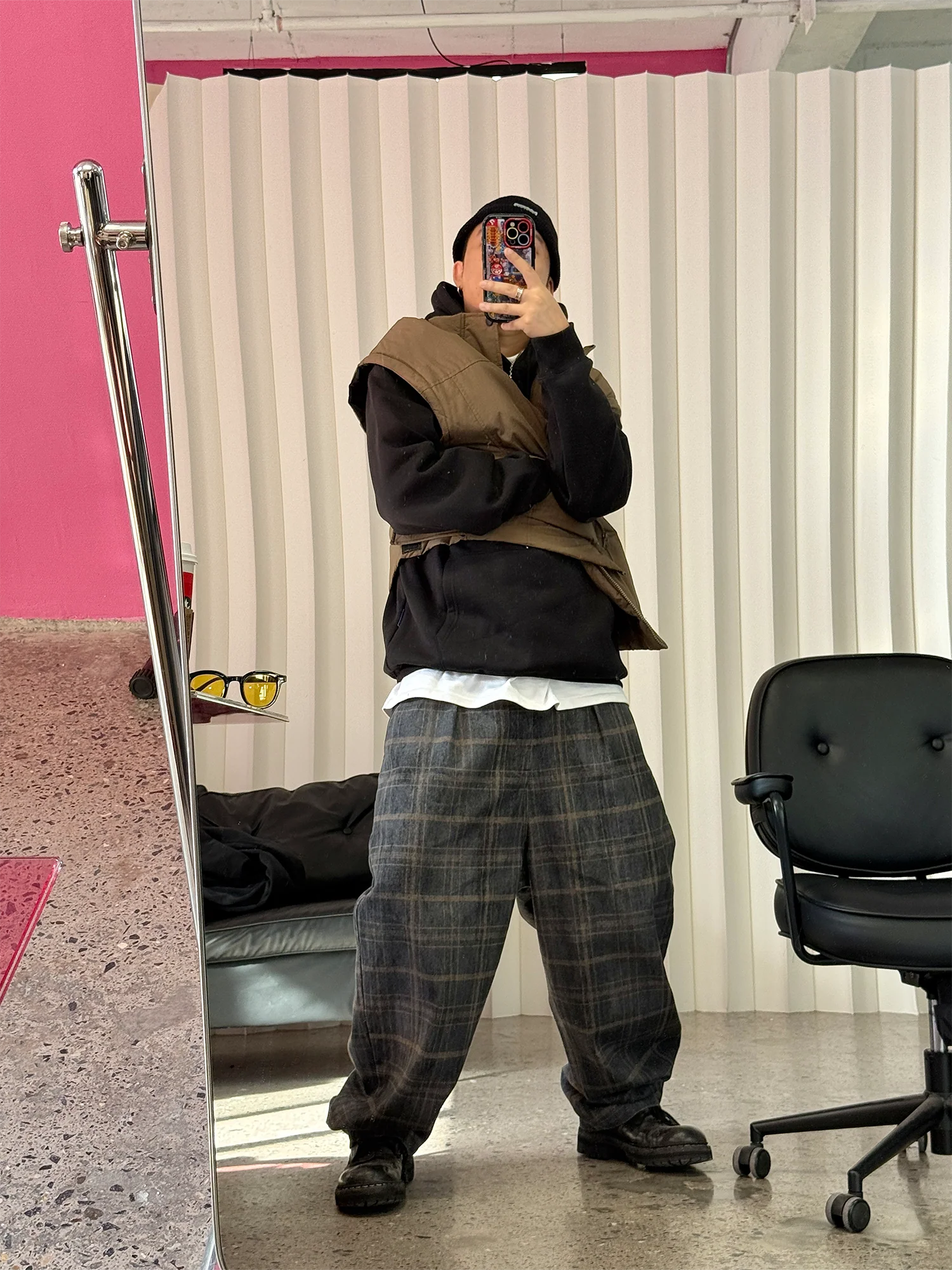 ME DA IGUAL Washed Plaid Tappered Pants Coffee