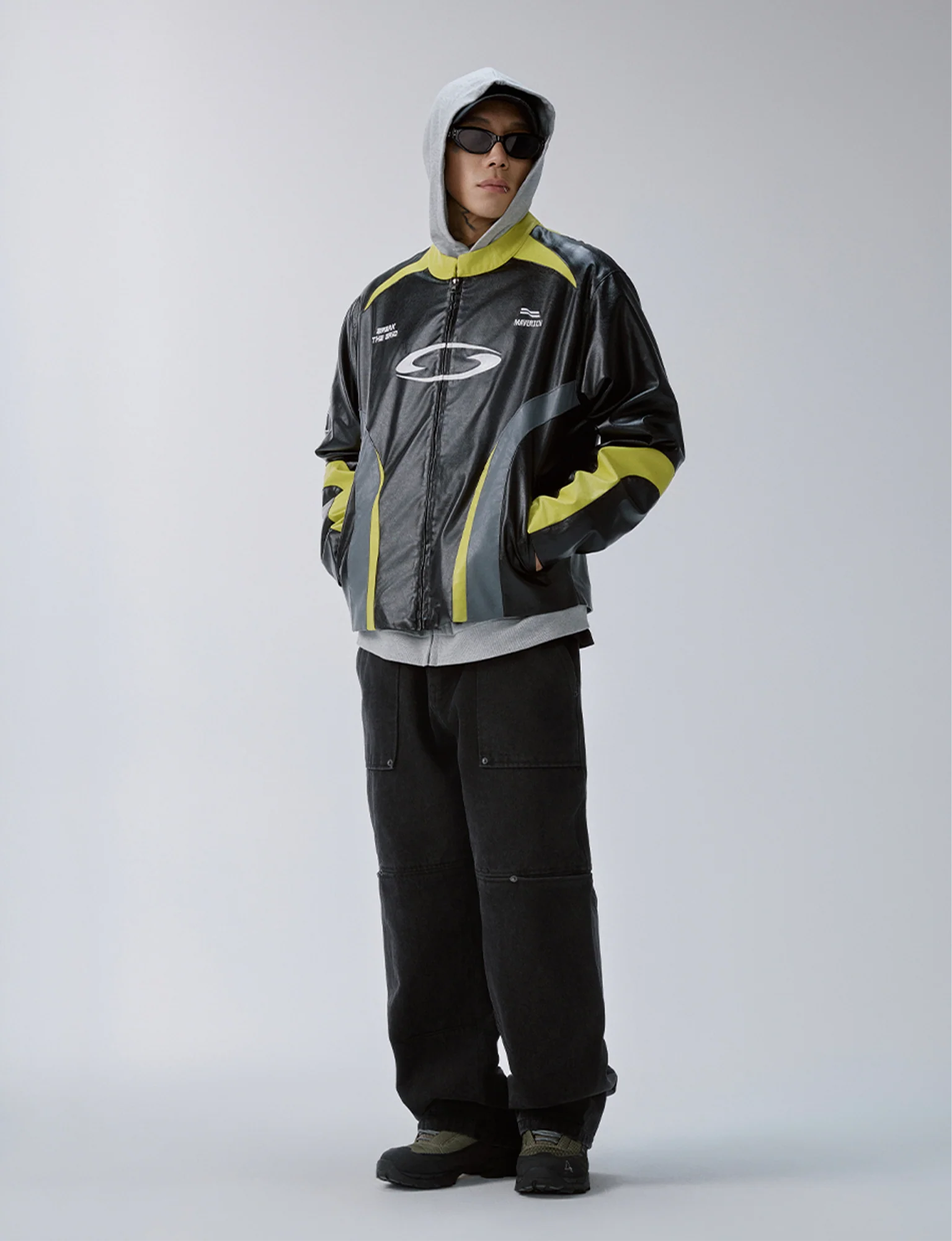 F2CE Contrast Panel Embroidered Moto Jacket