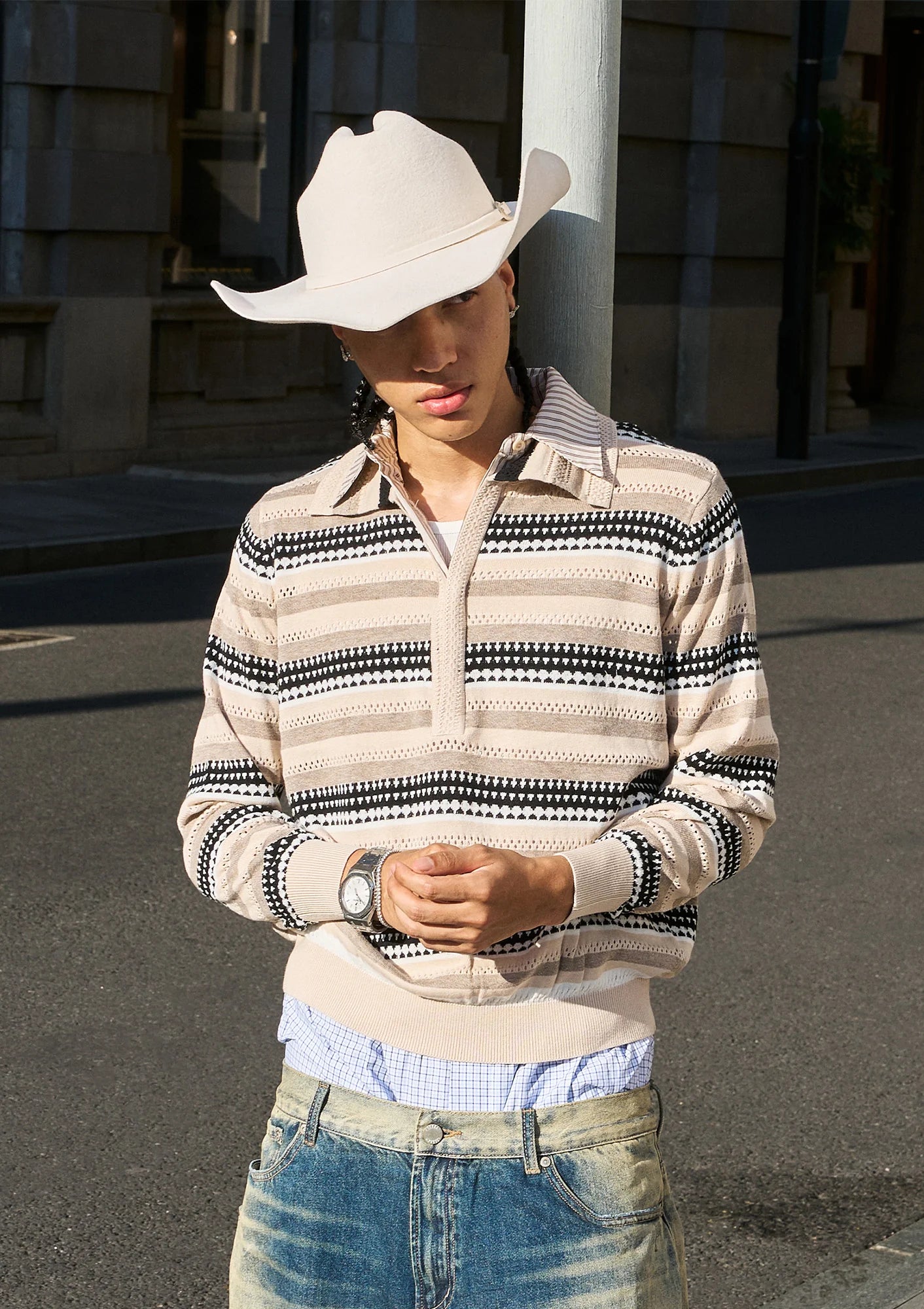 STEEPC Stripe Faux-Layered Polo Sweater