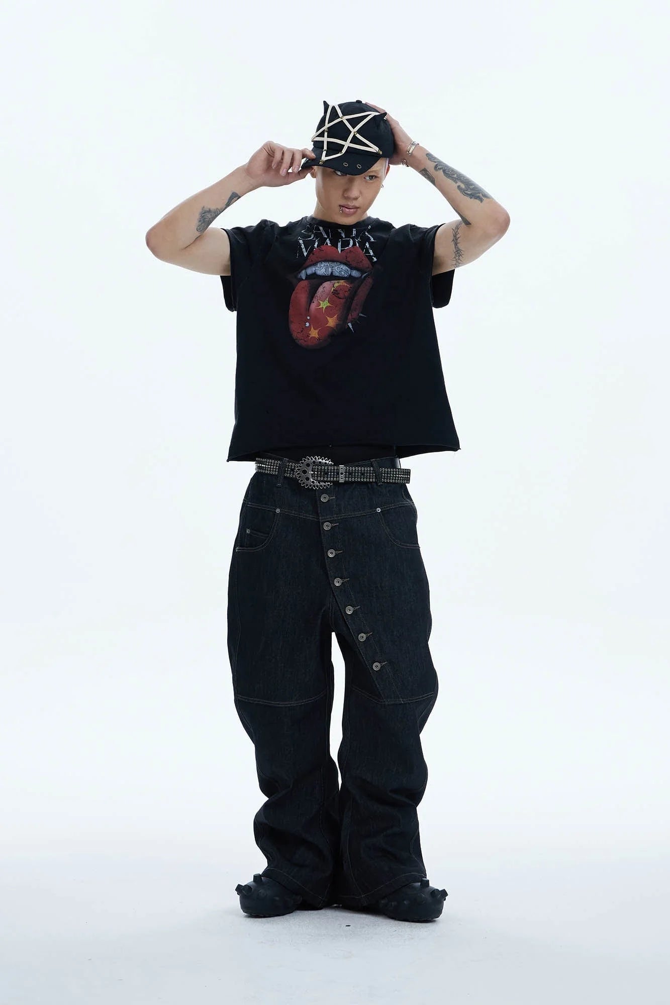 DND4DES Asymmetric Button-Fly Spliced Baggy Jeans