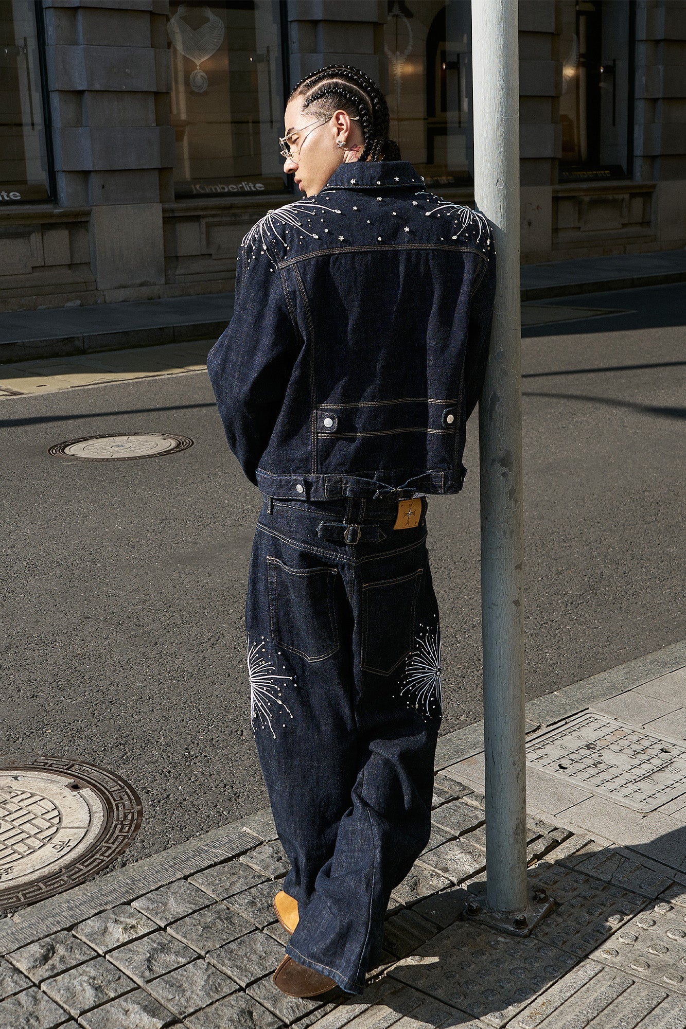 STEEPC Firework Embroidered Rhinestone Curved Raw Jeans