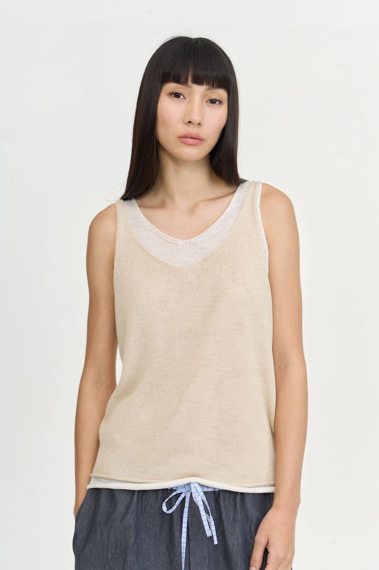 LEONSENSE Contrast Layered V-Neck Knit Tank Top