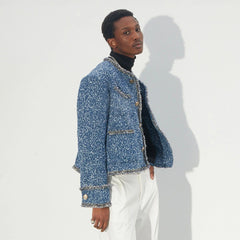 ASSEEN Washed Fringe Tweed Denim Jacket
