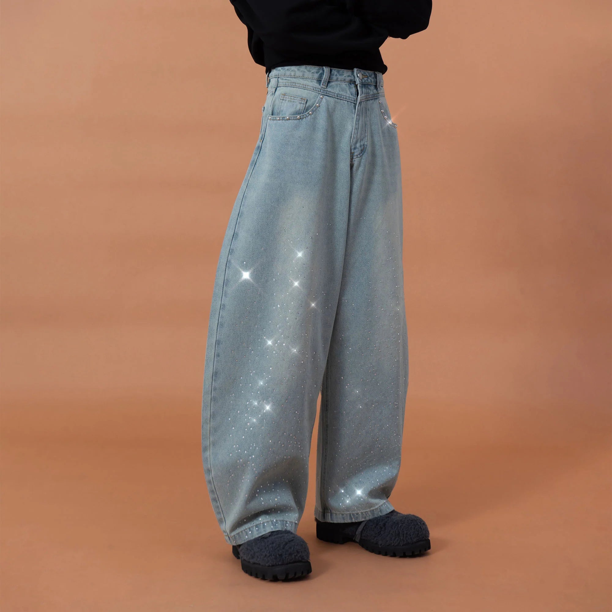 CLP Washed Diamond-Dusted Curved-Leg Jeans