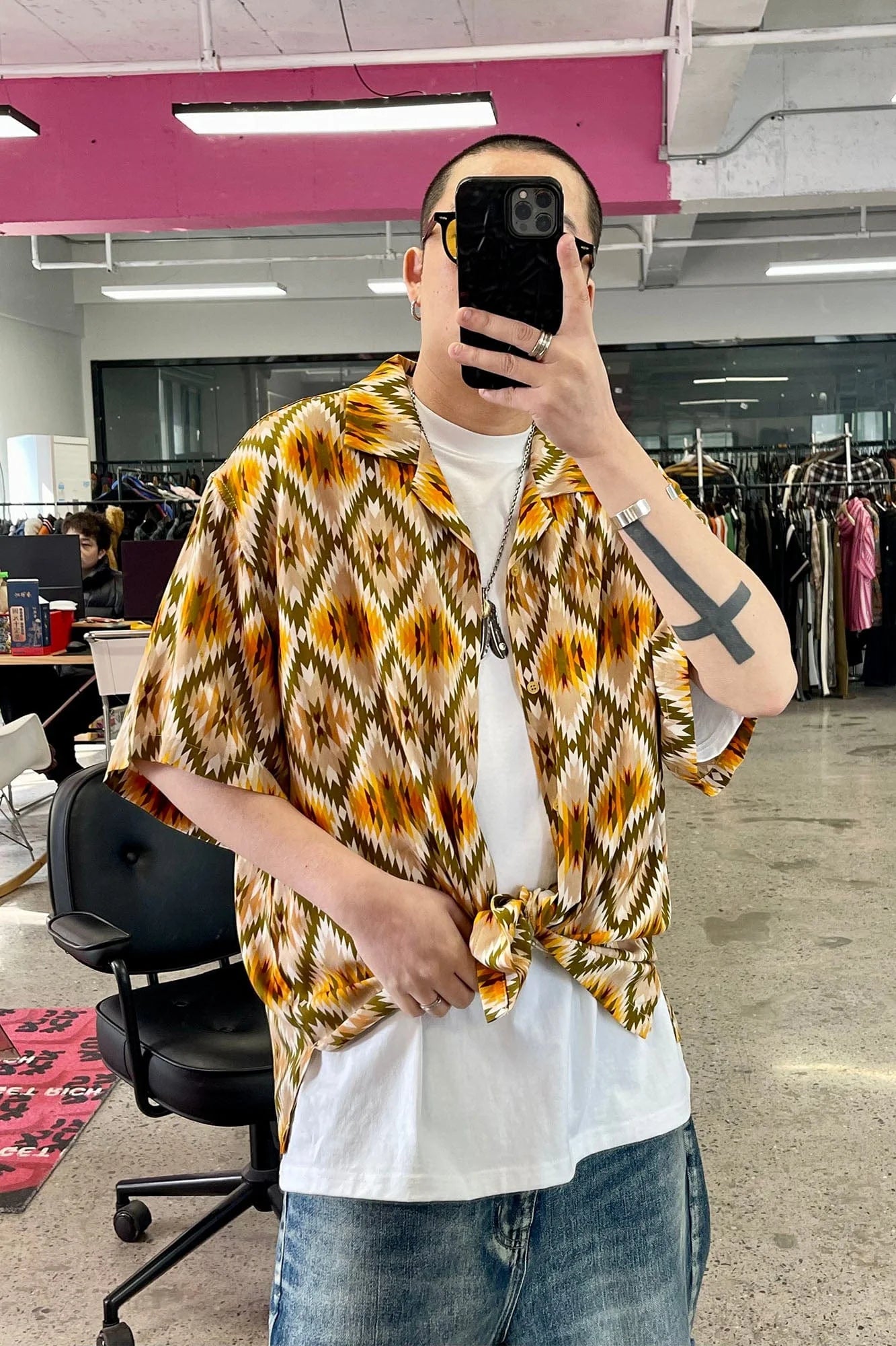 ME DA IGUAL Geometric Full-Print Button-Up Half Shirt