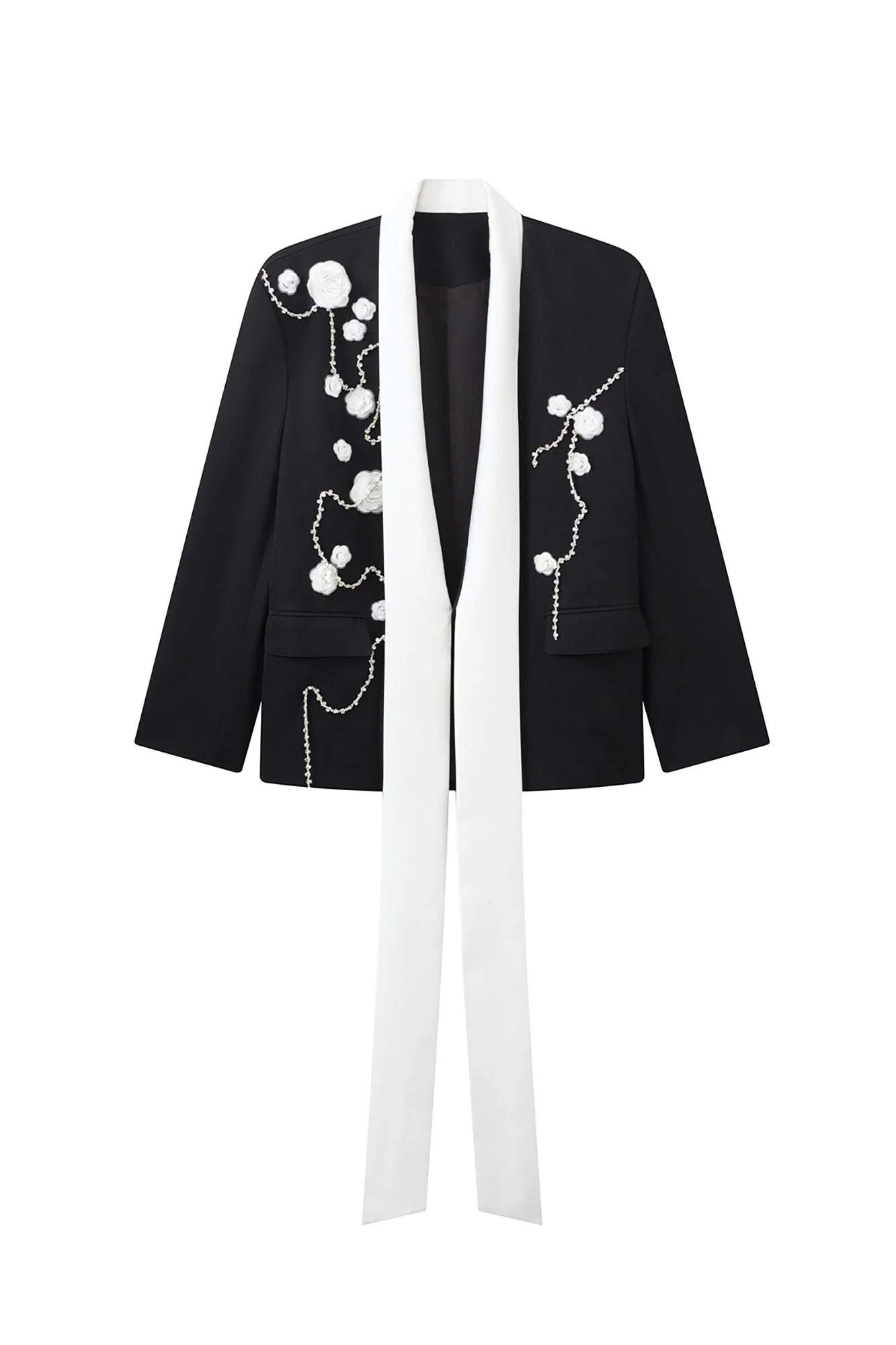 JIECHI Floral Embroidered Sash Tie Blazer