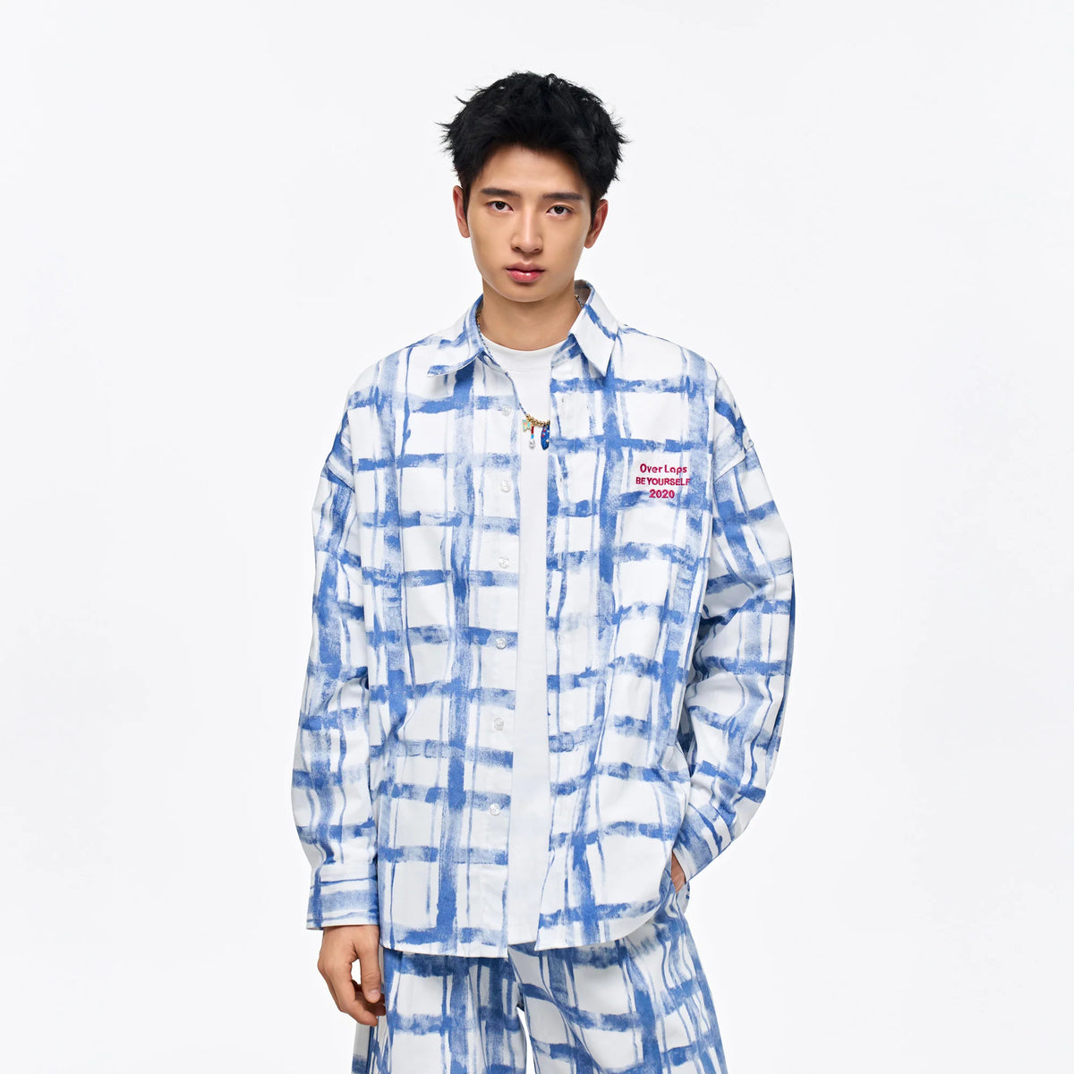 OVERLAPS Brush-Paint Grid Oversized Shirt