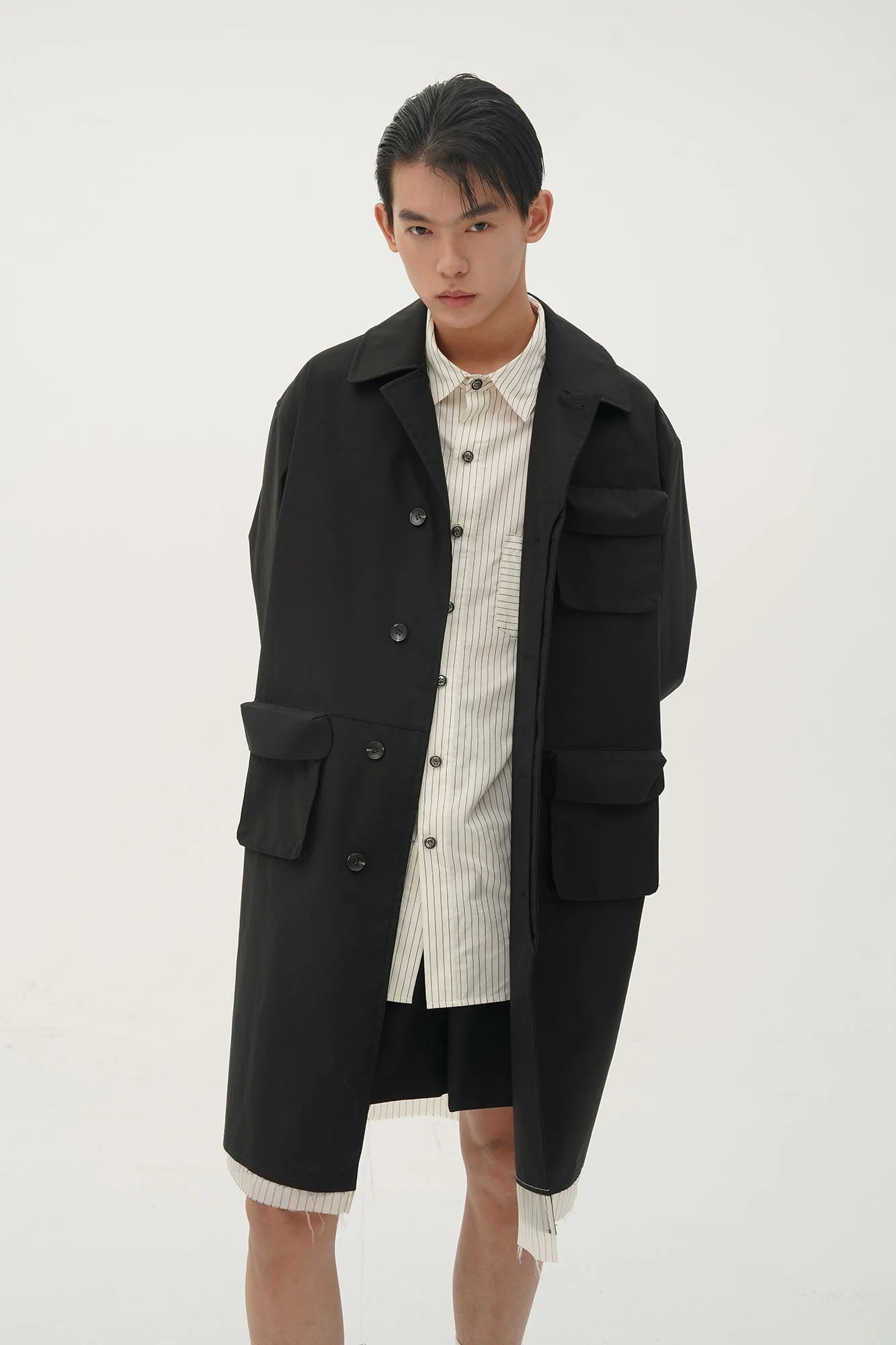 ORAL UTOPIA Faux Layered Hem Multi-Pocket Coat