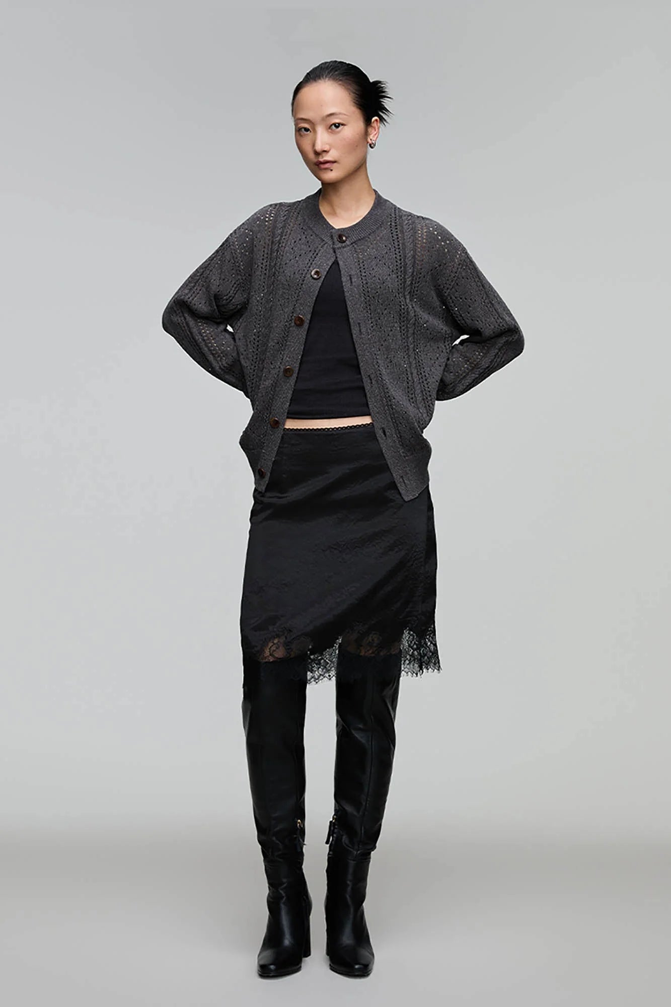 OPICLOTH Eyelet Knit Button-Up Cardigan