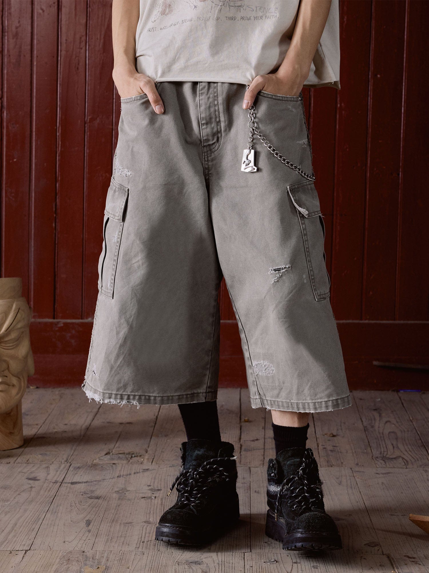IN EXISTENCE Distressed Multi-Pocket Straight-Leg Cargo Shorts