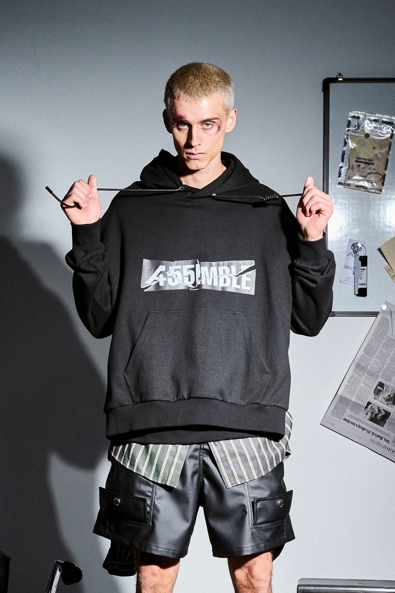 455EMBLE Deconstructed Layered Stripes Shirt-Paneled Hoodie