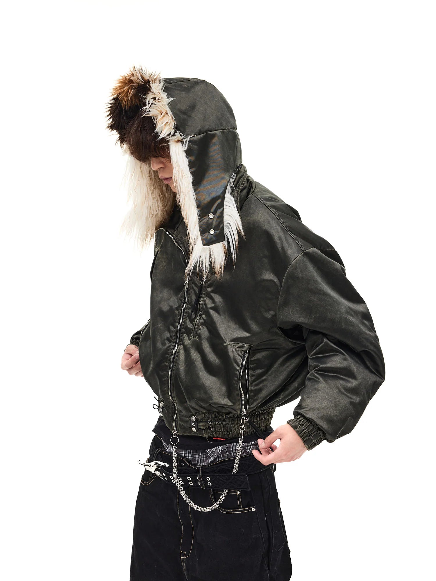 WHISTLEHUNTER Detachable Faux-Fur Hooded Bomber Jacket