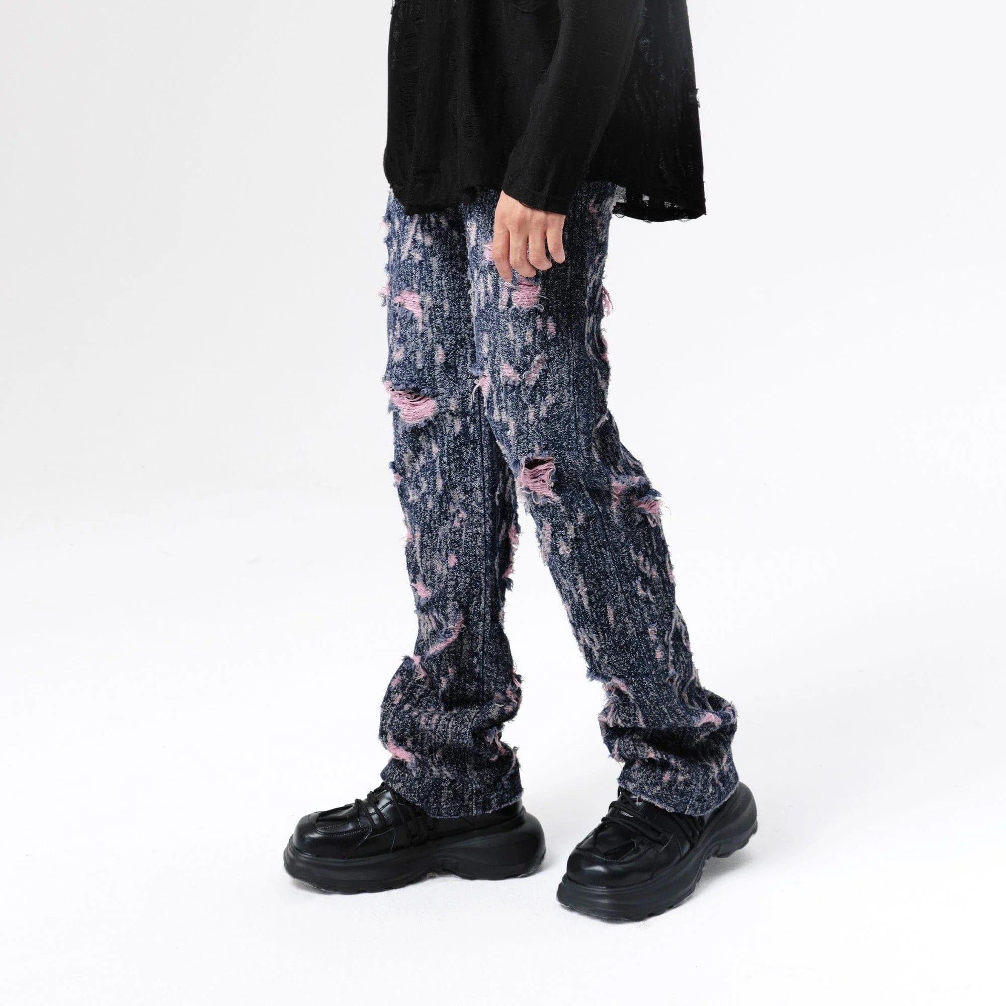 VANN VALRENCE Distressed Washed High-Waisted Straight-Leg Jeans