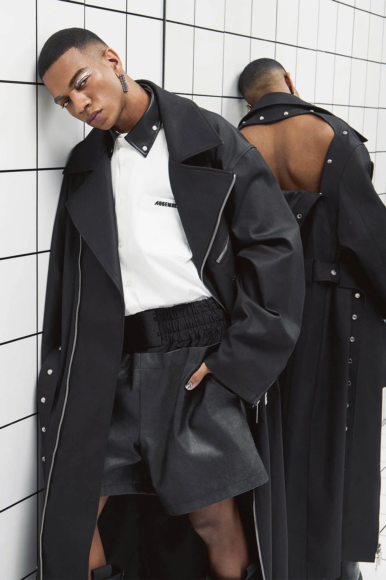 455EMBLE Snap-Fastener PU Trench Coat