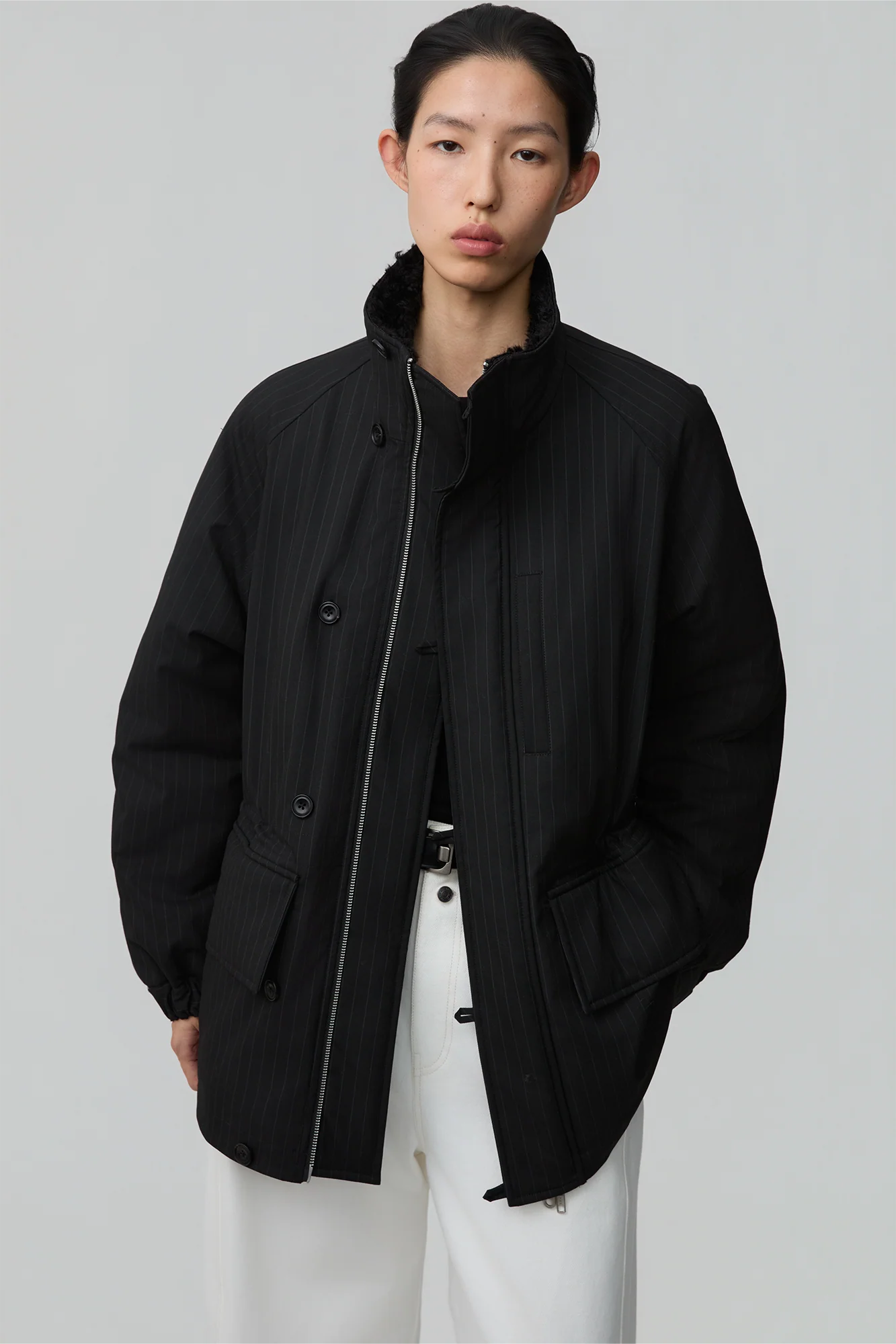OPICLOTH Pinstriped Faux Fur-Lined Drawstring Jacket