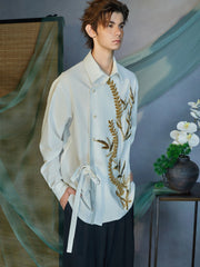 JIECHI Sequin Leaf Embroidered Asymmetrical Wrap Shirt
