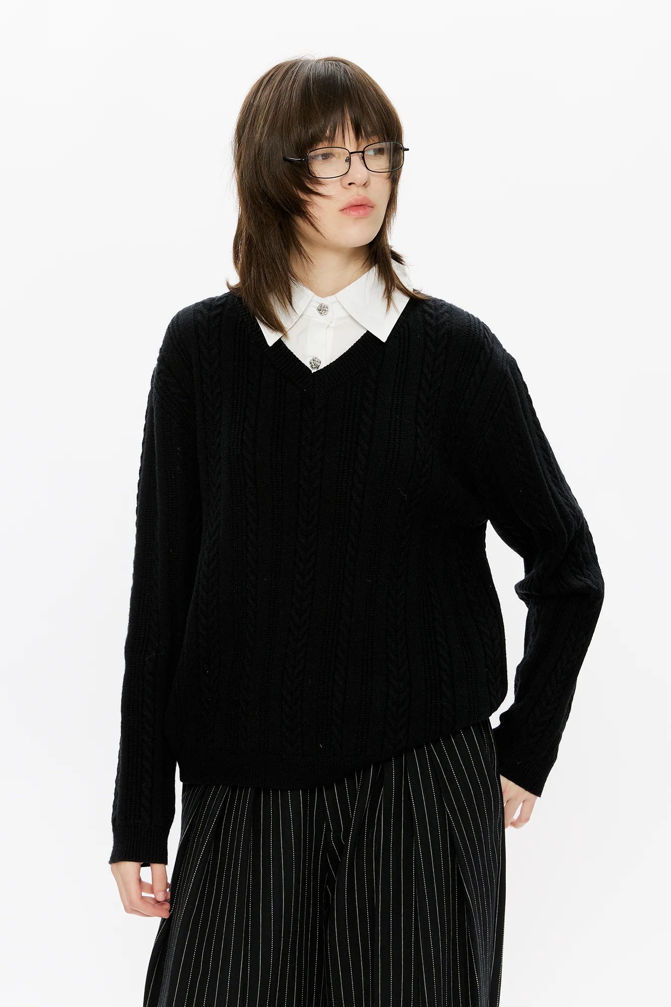 KREATE Cable-Knit Layered Shirt Sweater