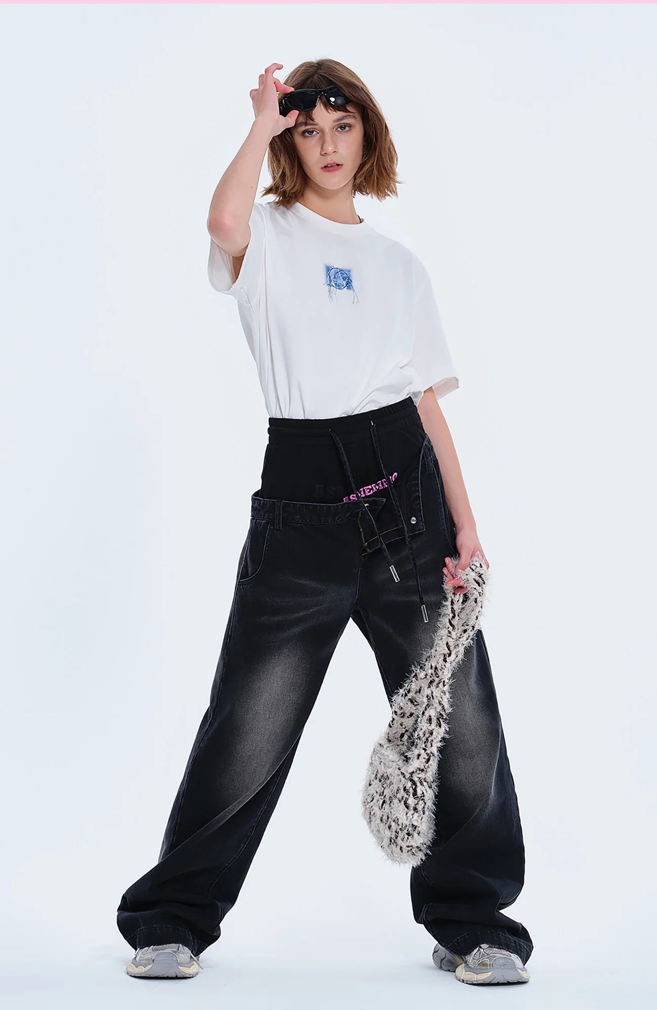 TIWILLTANG Layered Sweatband Washed Denim Pants