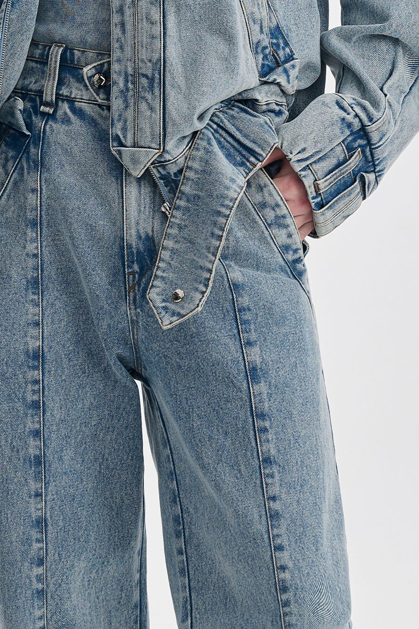 TIWILLTANG Washed Middle Panel Straight-Leg Jeans