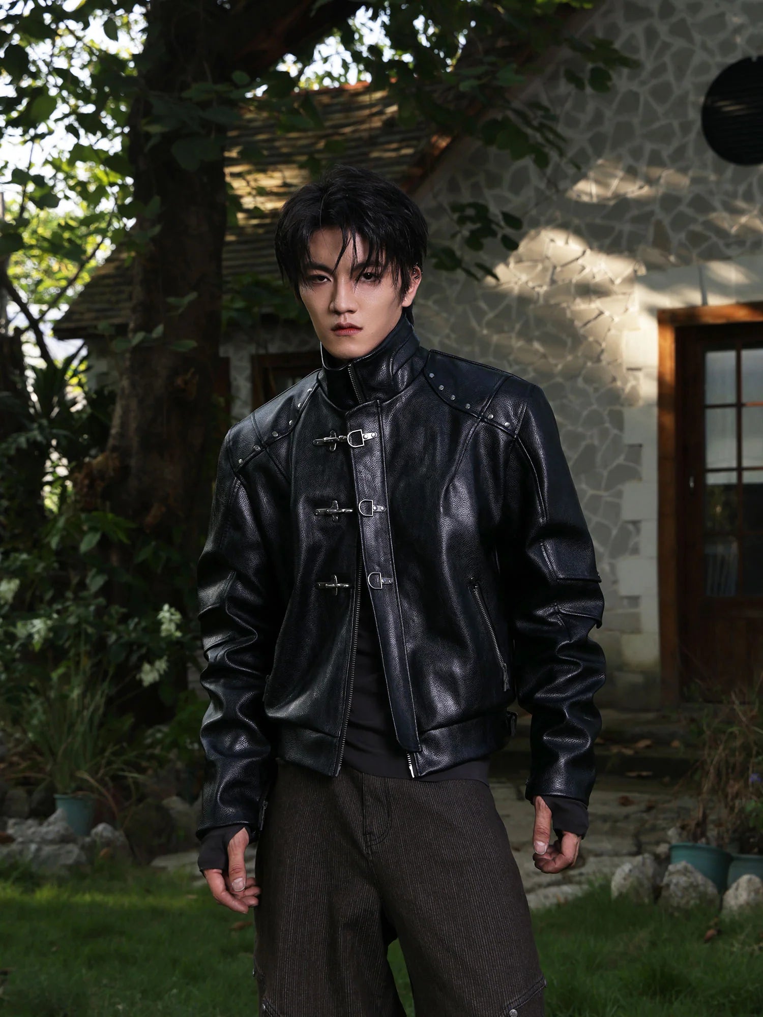 FLYERRER Hook-Buckle Faux Leather Rivet Jacket