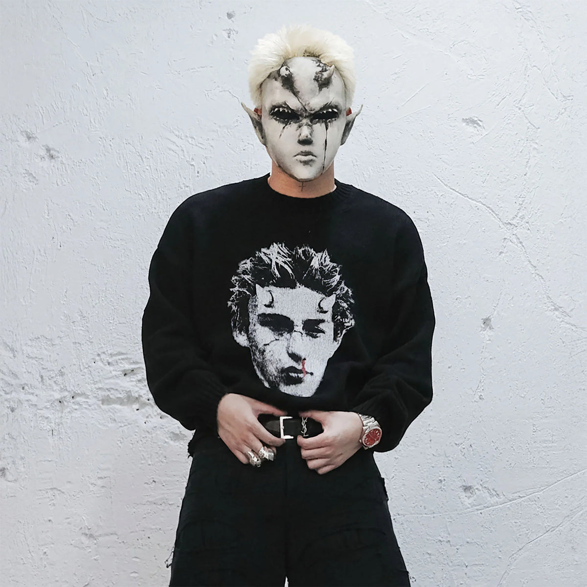 UNDERWATER Demon Portrait Distressed Sweater