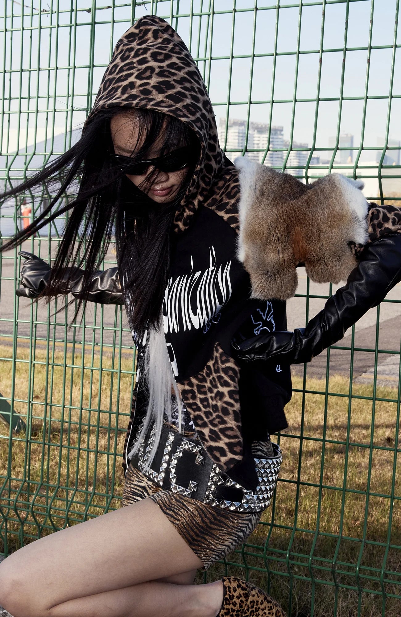 VINKID Leopard Full-Print Raglan Zip-Up Hoodie