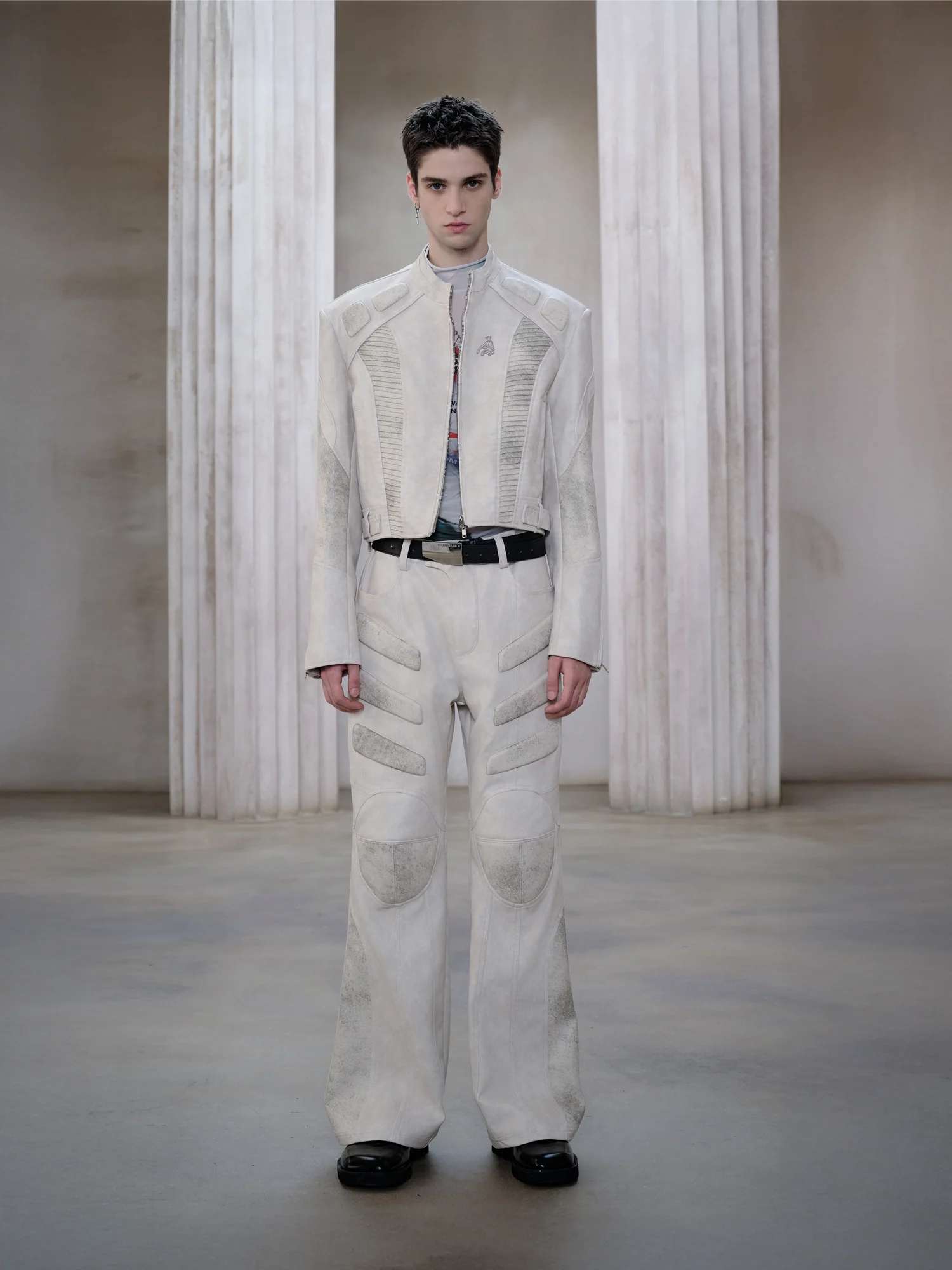 FACEONLAB Panel Armored Faux Leather Biker Pants White