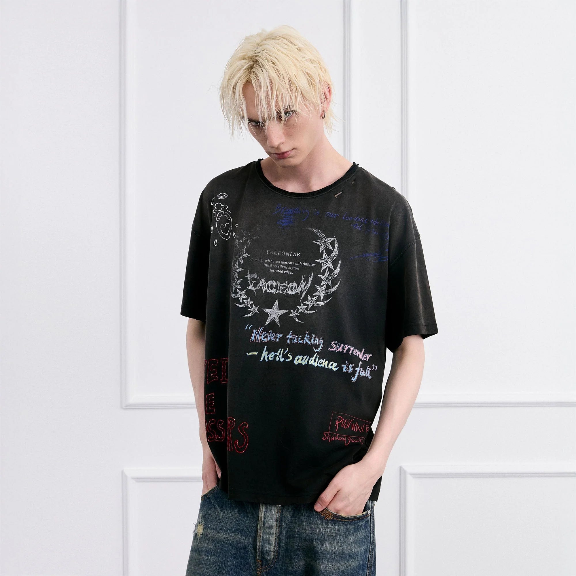 FACEONLAB Punk Graffiti Diamond Distressed T-Shirt
