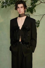 JIECHI Feather Embellished Sequin Embroidered Blazer
