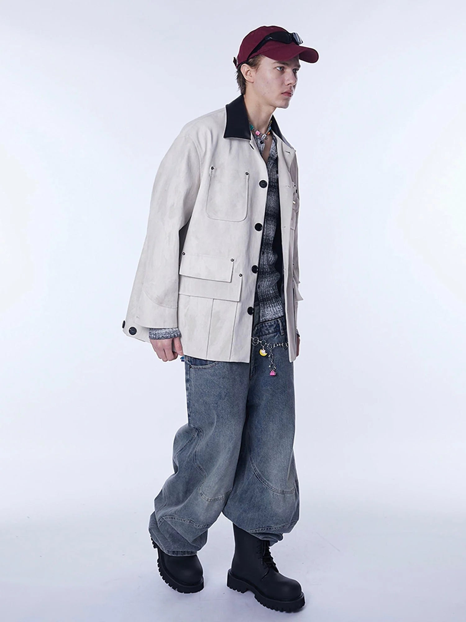 ASSEEN Distressed Panel Leather Collar Barn Jacket